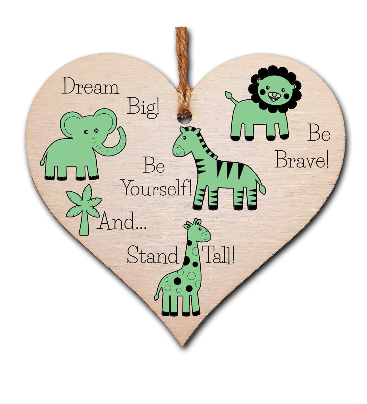 Plum Penguin Handmade Wooden Hanging Heart Plaque: Be Brave, Dream Big, Be Yourself - Green Safari Animals Nursery Wall Decoration - New Baby Gift - Buy Online on GoSupps.com