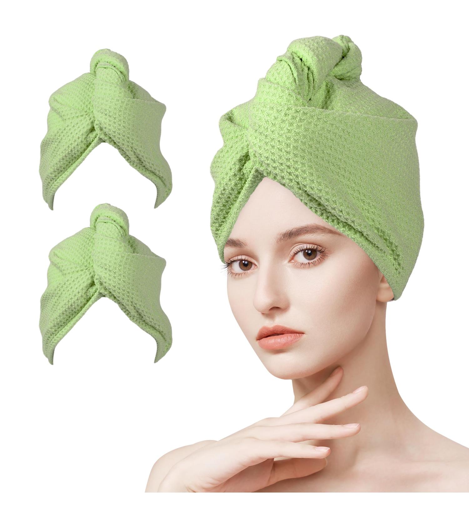 2 Pcs Microfiber Hair Towel Wrap - Quick Dry for All Hair Types | Perfect for Women Men & Kids - Green Color - Buy Online on GoSupps.com