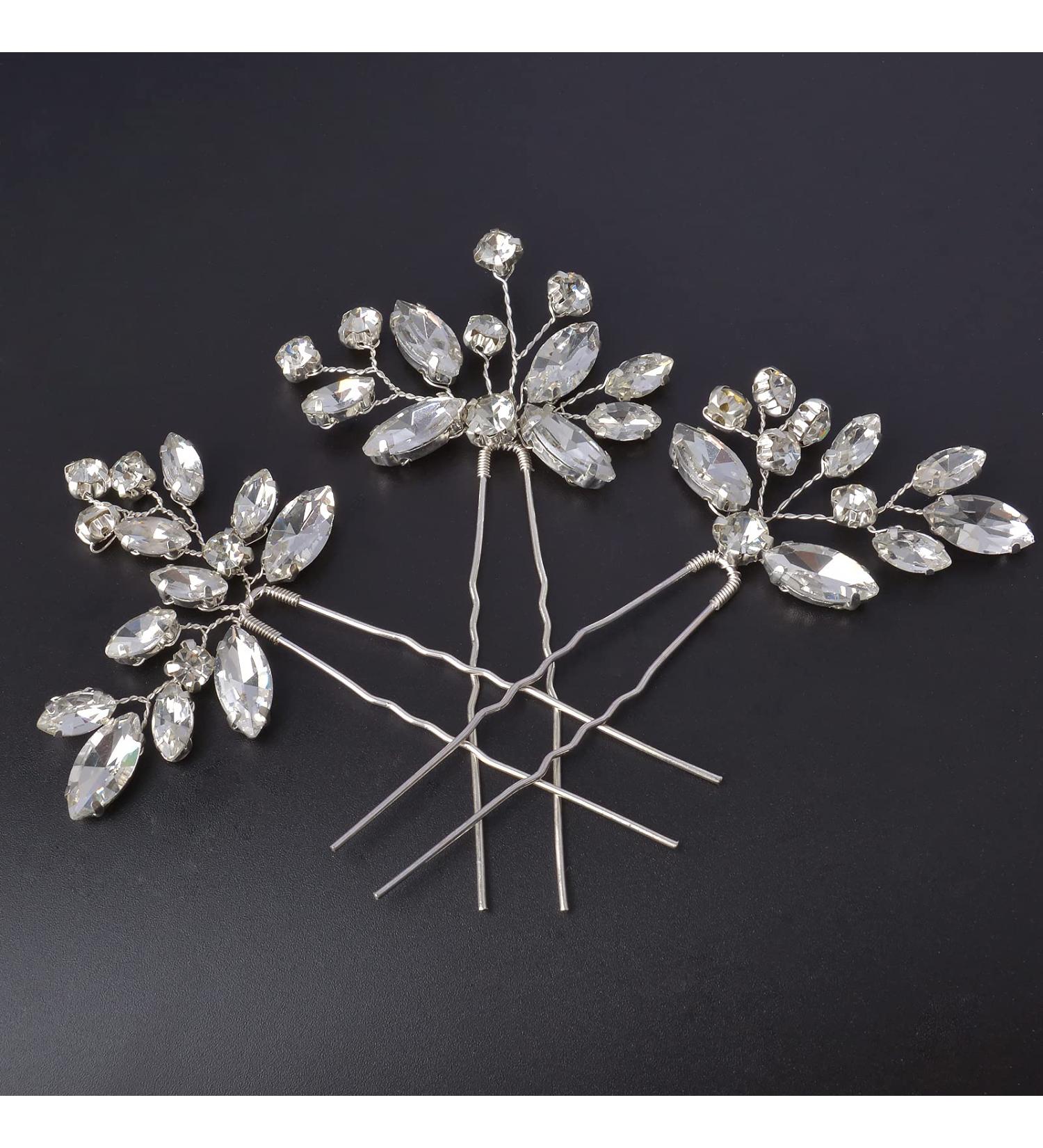 Crystal Wedding Hair Pieces Set - Handmade Rhinestone Bridal Hair Pins (3pcs) - Silver - Buy Online on GoSupps.com