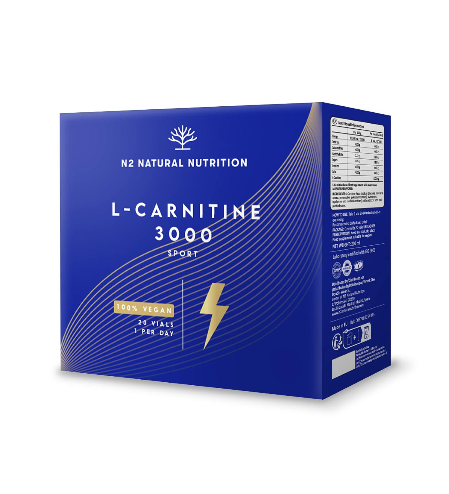 Pure L-Carnitine 3000mg Liquid Shots | Weight Loss & Fat Burner | Tangerine Flavor | Energy Booster | 20 Vials | UK Vegan | N2 Natural Nutrition - Buy Online on GoSupps.com
