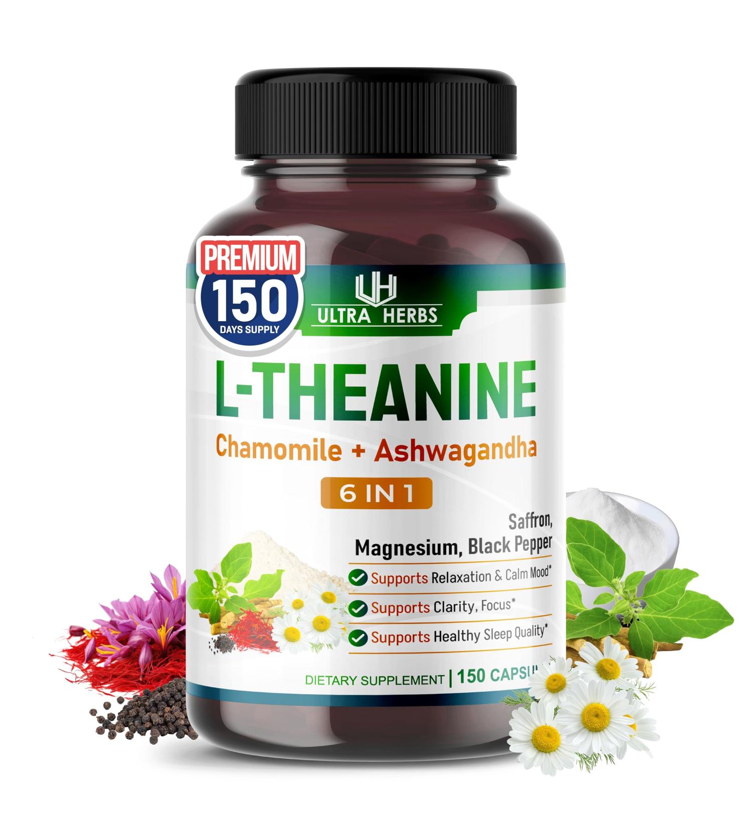 L-Theanine Supplement - 6 in 1 Complex Enriched with Magnesium, Ashwagandha, Saffron, Chamomile - Support Relaxation, Calmness & Sleep Quality | 150 Capsules 150-day supply (pack of 1) - Buy Online on GoSupps.com