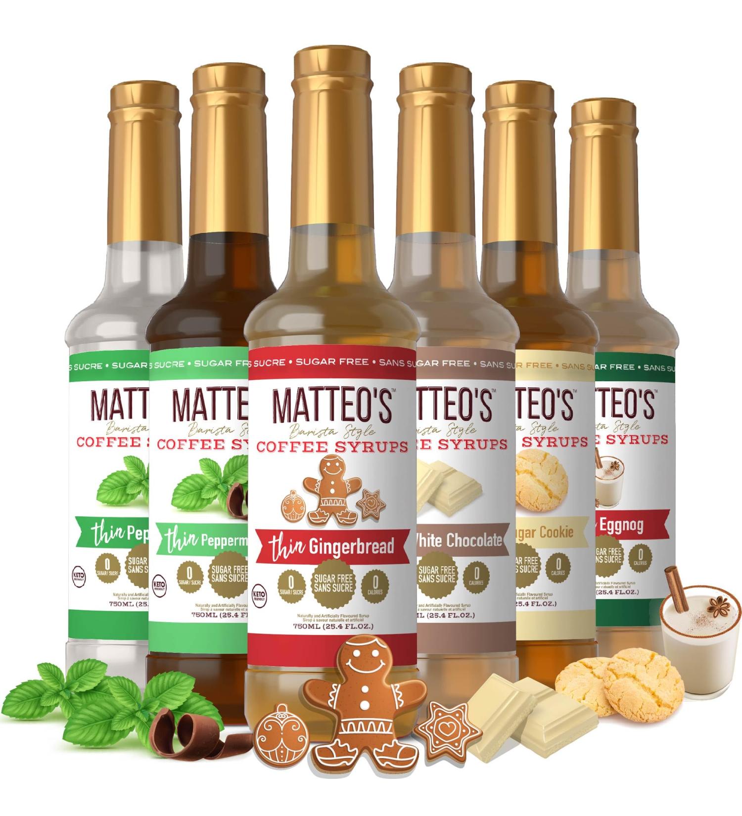 Matteo's Barista Style Sugar-Free Coffee Syrup 6 Flavour Holiday Variety Pack Zero Calories and Sugar Keto-Friendly Coffee Syrups Delicious Flavoured Coffee Syrup - 25.4 oz Syrup Bottles - Buy Online on GoSupps.com
