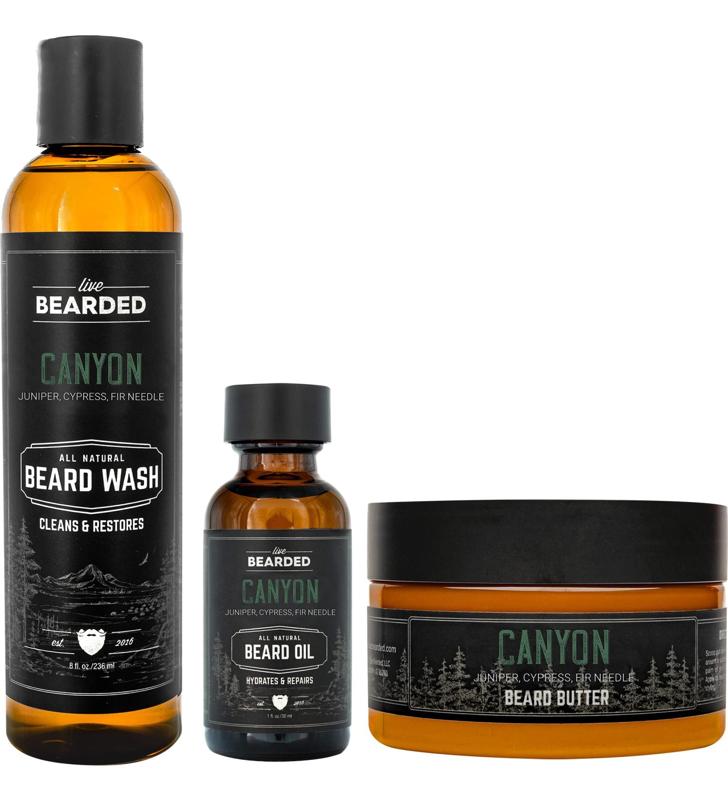 Live Bearded 3-Step Beard Grooming Kit - Canyon - Beard Wash, Oil, Butter - All-Natural Ingredients - Beard Growth Support - Made in USA - Buy Online on GoSupps.com