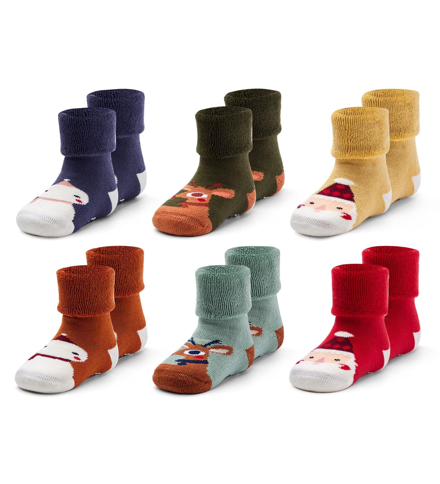 Non-Slip Winter Socks for Baby Boys and Girls - 6 Pairs, 0-12 Months, Christmas Mix - Buy Online on GoSupps.com