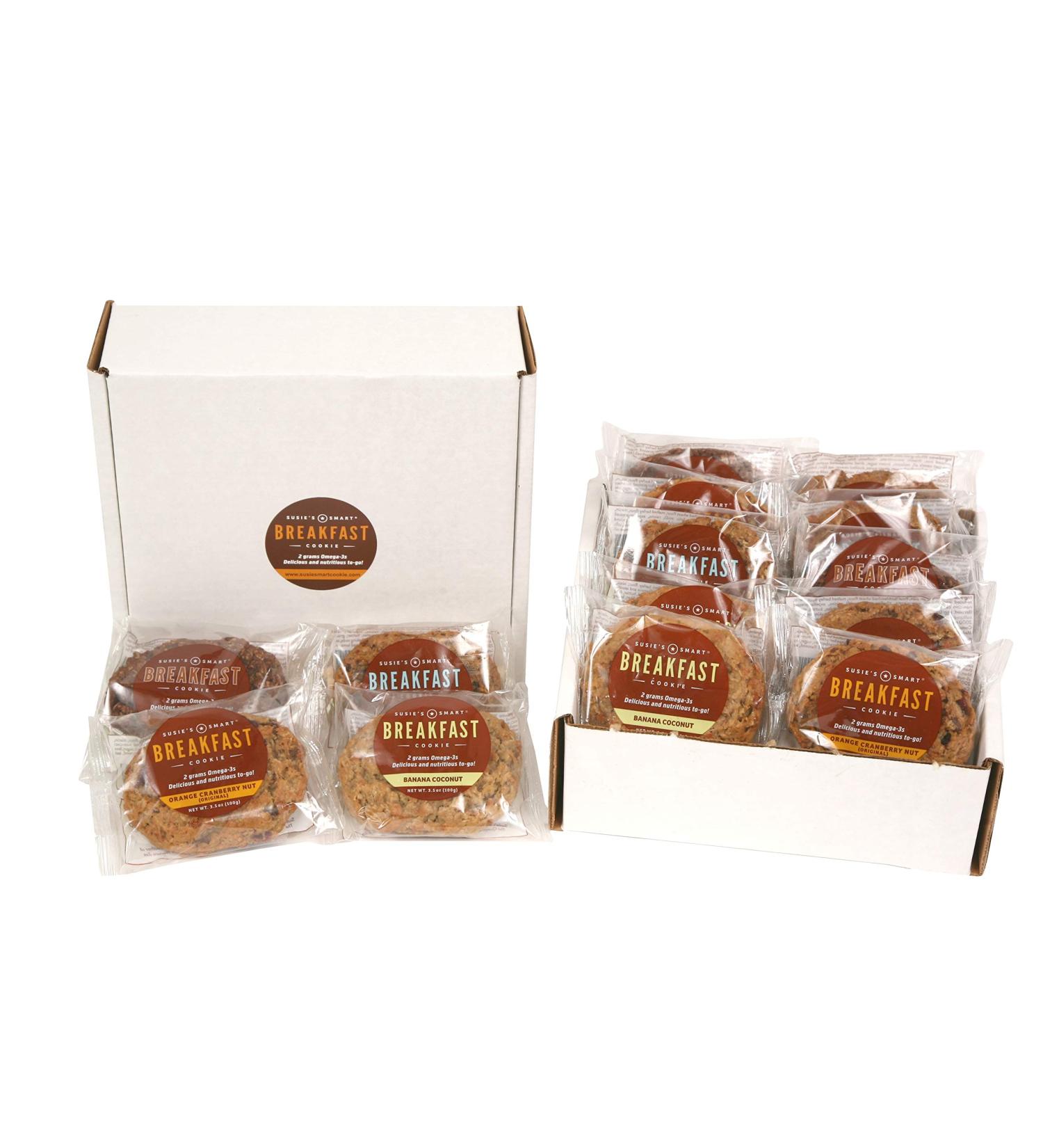 Susie's Smart Breakfast Cookie Mixed Box - Orange Cranberry Nut, Gingered Apple, Banana Coconut, Cocoa - 12 Cookies, 3.5 oz each - Buy Online on GoSupps.com