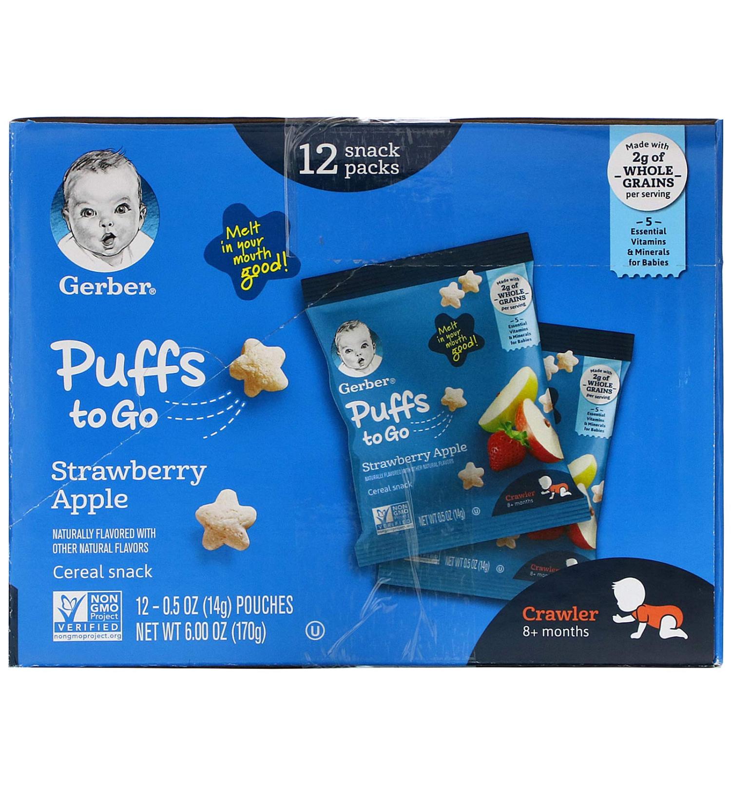 Gerber Puffs Strawberry Apple - 12 Snack Packs (0.5 oz each) for 8+ Months - Buy Online on GoSupps.com