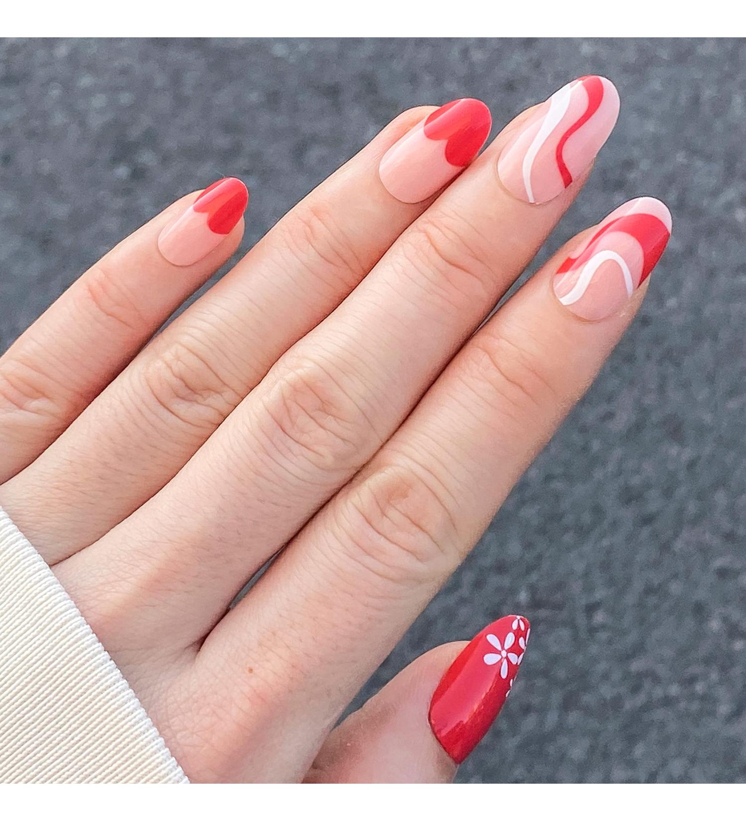 Valentine's Day Fake Press on Nails - NOVO OVO Short Almond Oval Red Heart Pink Swirl White Flower Thick False Nail Kit with Glue - Sweetie French Tip Acrylic Stick on Nails - Buy Online on GoSupps.com