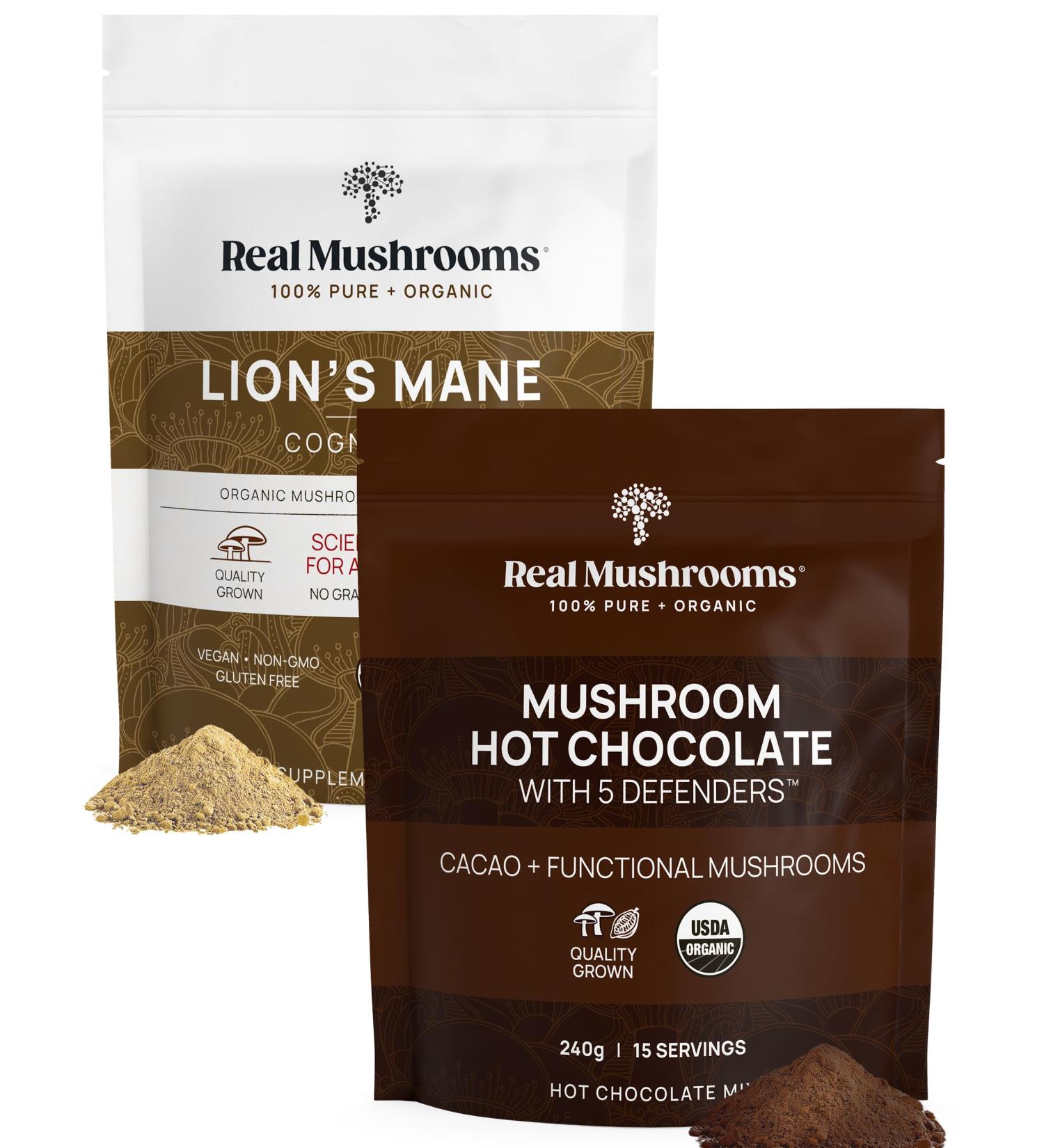 Real Mushrooms Hot Chocolate Mix (15 Servings) and Lion s Mane (60 Servings) Powder Bundle - Mushroom Powder Supplement for Daily Immunity & Cognition Support - Gluten-Free Non-GMO Vegan - Buy Online on GoSupps.com