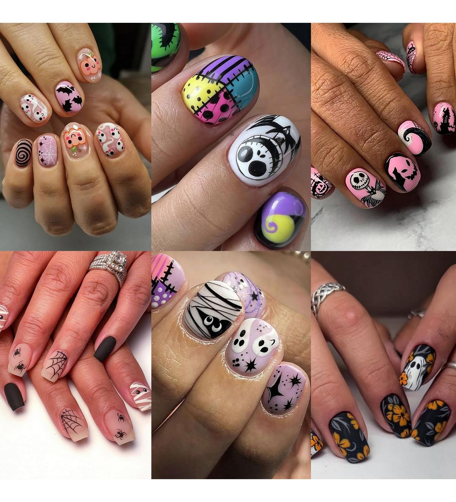 144 Pcs Halloween Press On Nails Kit - Short Square Full Cover Designs with Ghosts Skulls Bats & Pumpkins - Glossy Artificial Nail Set for Men & Women - Buy Online on GoSupps.com