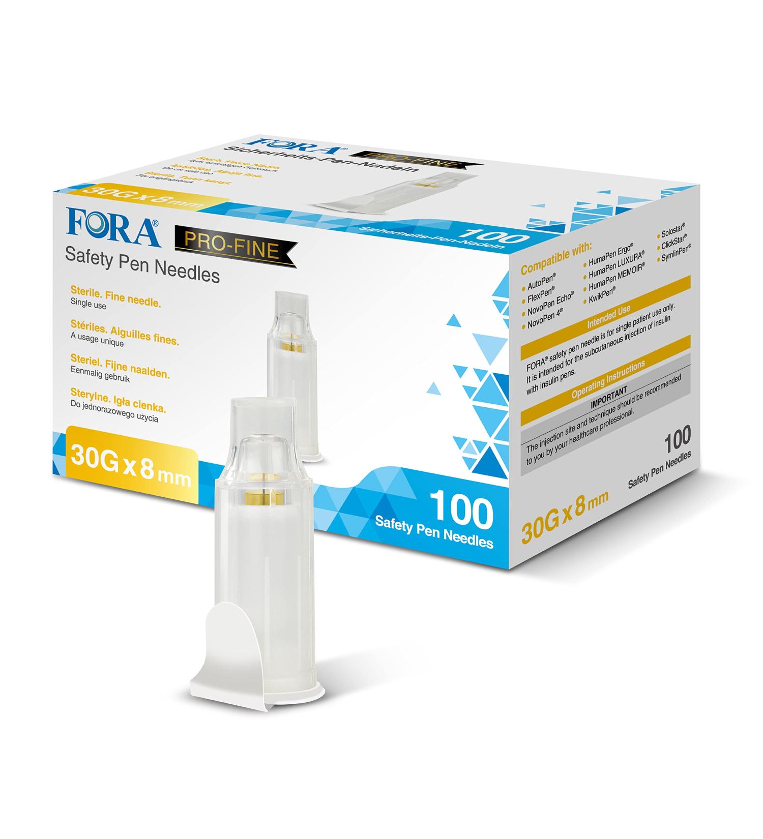 FORA Safety Insulin Pen Needles 30G 8mm | 100pcs - Premium Quality Diabetes Supplies for Accurate and Safe Insulin Delivery - Buy Online on GoSupps.com