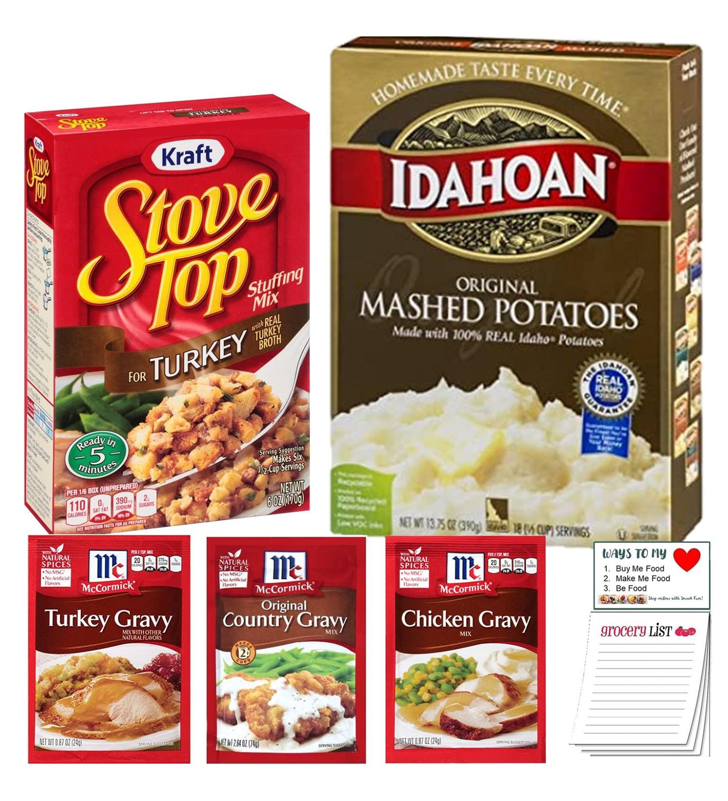 Instant Mashed Potatoes Stuffing and Gravy Bundle with Idahoan Mashed Potato and Stove Top Stuffing Turkey Mixes + Snack Fun Pad - Buy Online on GoSupps.com