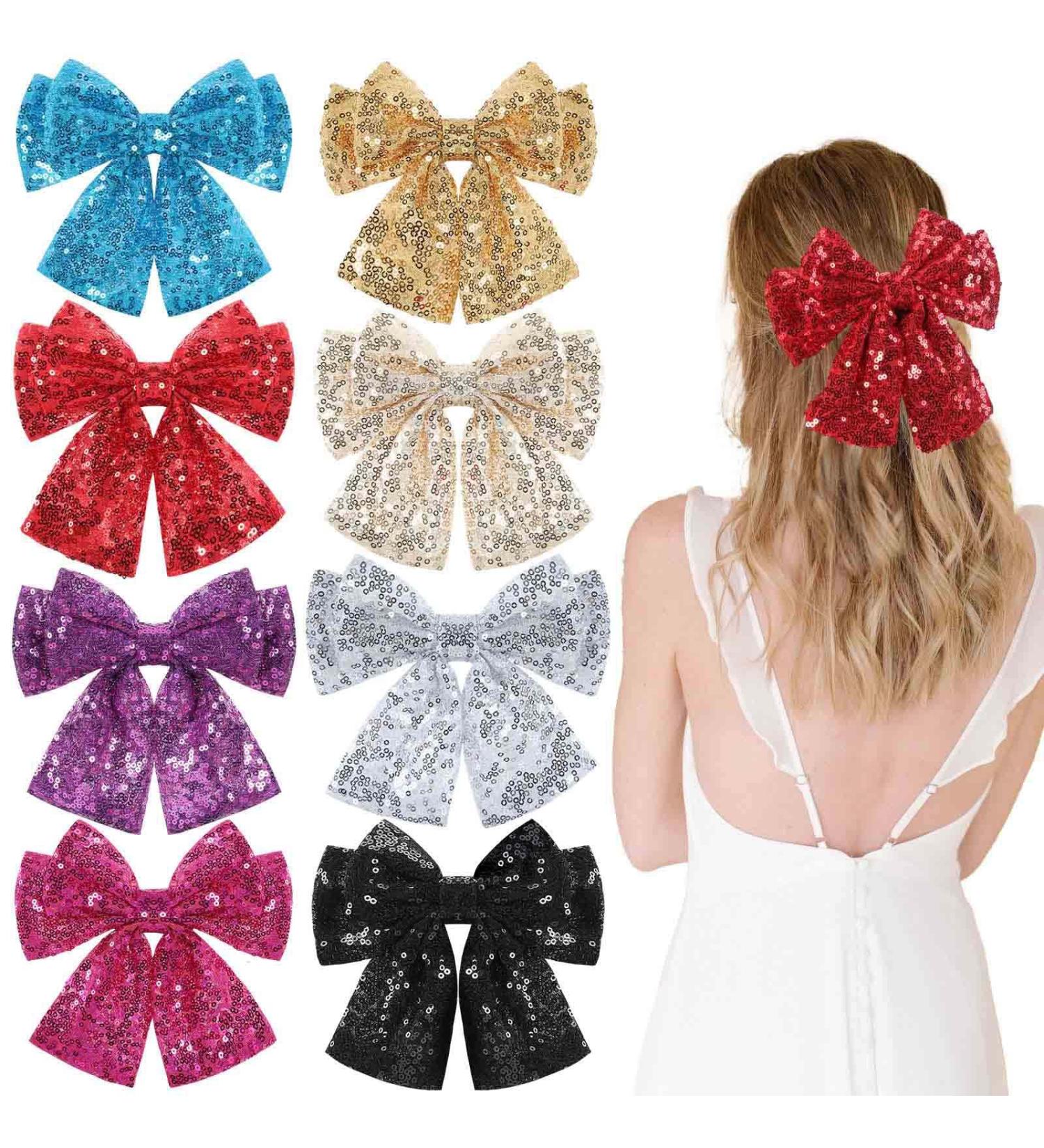 7 Inch Big Sequin Layered Hair Bows for Women & Girls - Black Red Glitter Barrette Clip - Stylish Hair Accessories (8Pcs) - Buy Online on GoSupps.com