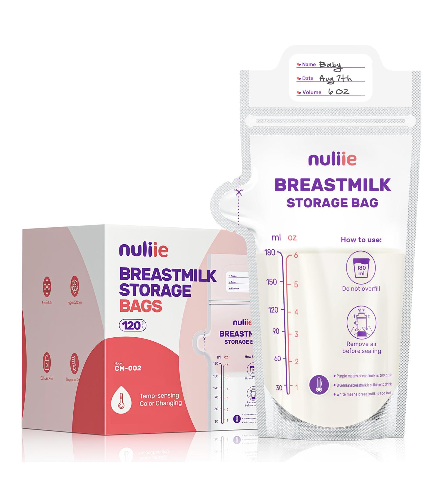 Nuliie 120-Piece BPA-Free Breast Milk Storage Bags - Temperature-Sensitive Spout-Proof Space-Saving (180ml) - Ideal for Breastfeeding - Buy Online on GoSupps.com