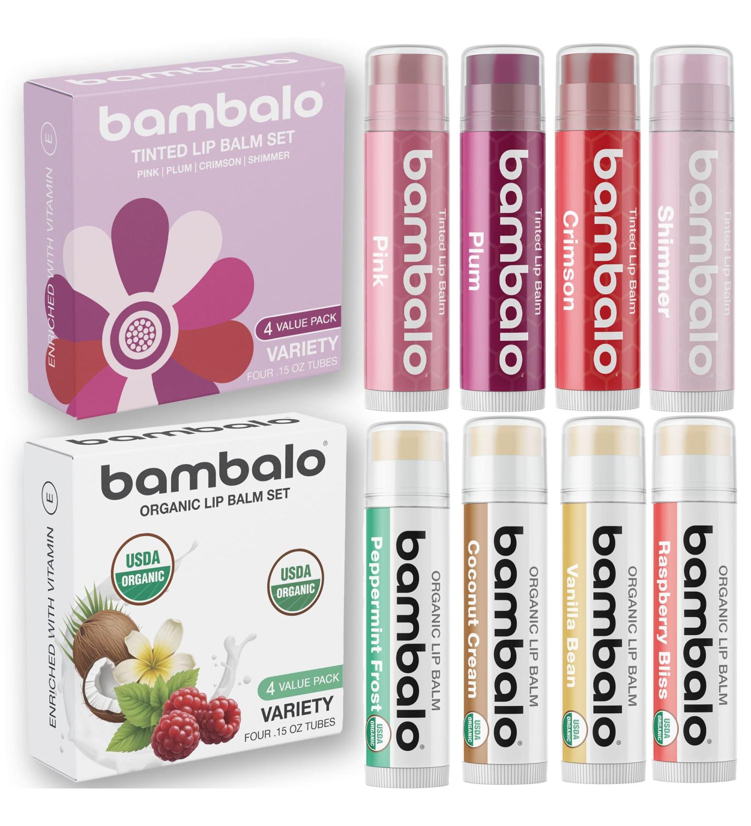 Bambalo 8-Pack Lip Balm Set with Tinted Shades and USDA Organic Flavors for Hydration Includes Crimson Pink Plum Shimmer Peppermint Raspberry Vanilla and Coconut Moisturizing & Nourishing - Buy Online on GoSupps.com