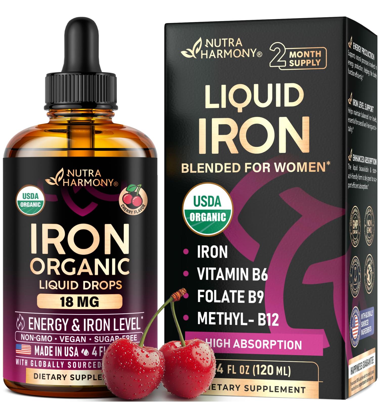 Liquid Iron Supplement for Women 18 mg - USDA Organic Drops USA-Made - with Folate Vitamin B12 & B6 - Iron Level & Energy - Gentle & High Absorption Glycinate Form - Cherry Flavor Sugar-Free 4 oz 4 Fl Oz (Pack of 1) - Buy Online on GoSupps.com