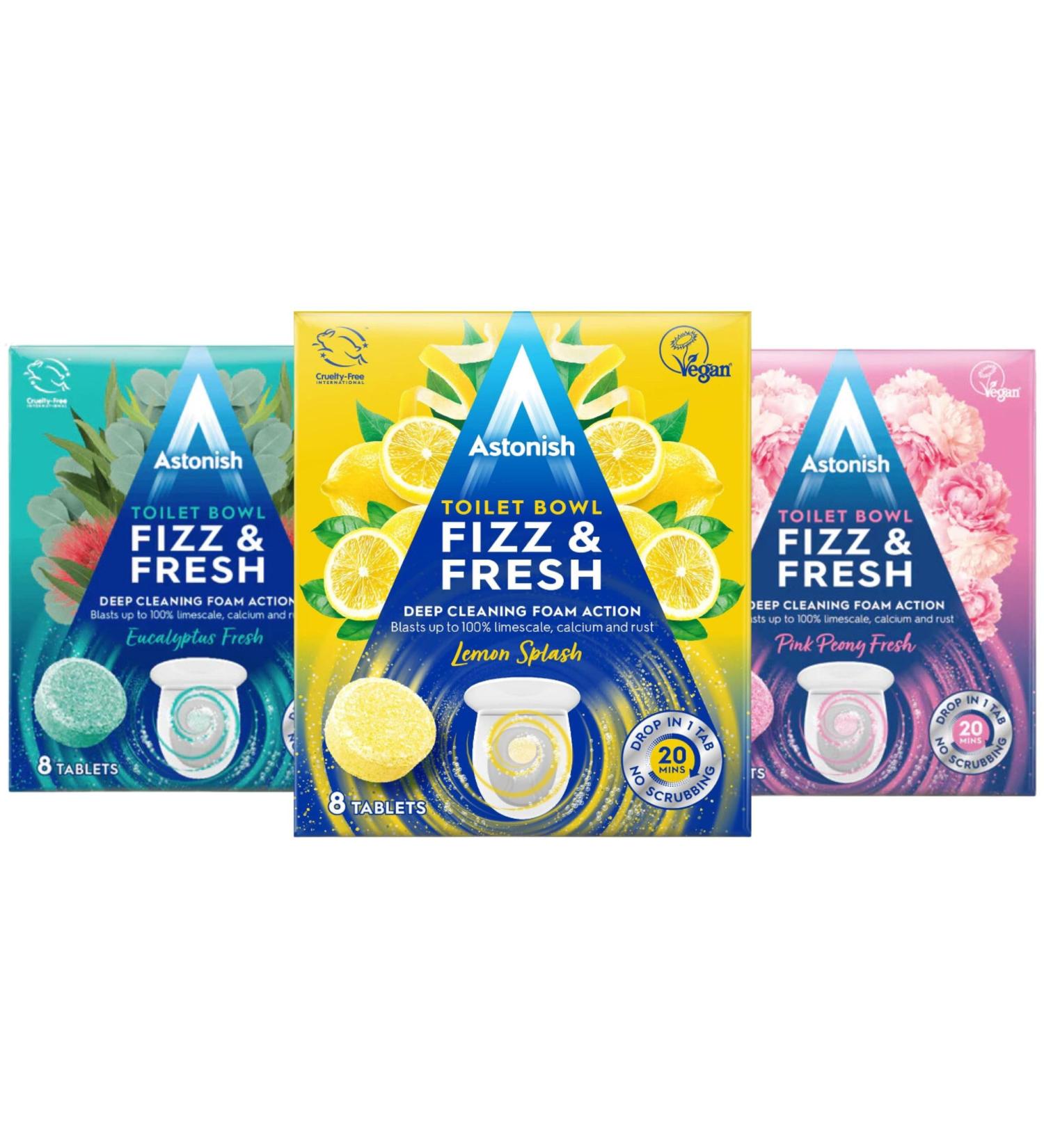 Astonish Toilet Bowl Fizz & fresh Deep Cleaning Foam Action - Pink Peony Fresh - Lemon Splash - Eucalyptus Fresh - 8 Tablets Each Pack - 24 Total Tablets - Buy Online on GoSupps.com