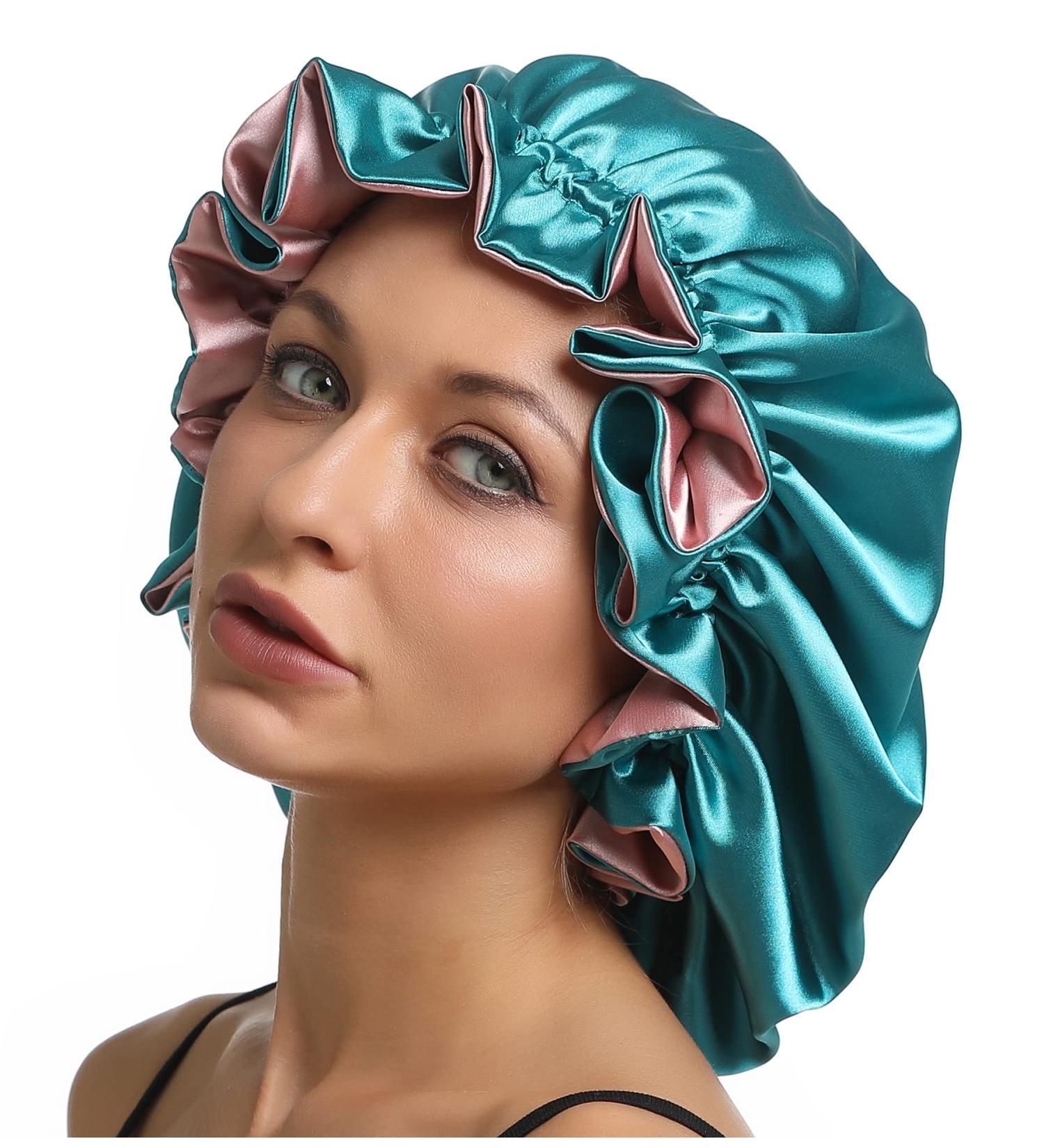 Sengterm Satin Sleep Cap for Women - Adjustable Double Layer Silk Hair Care Bonnet for Long Hair - Green-Pink L-XL - Buy Online on GoSupps.com