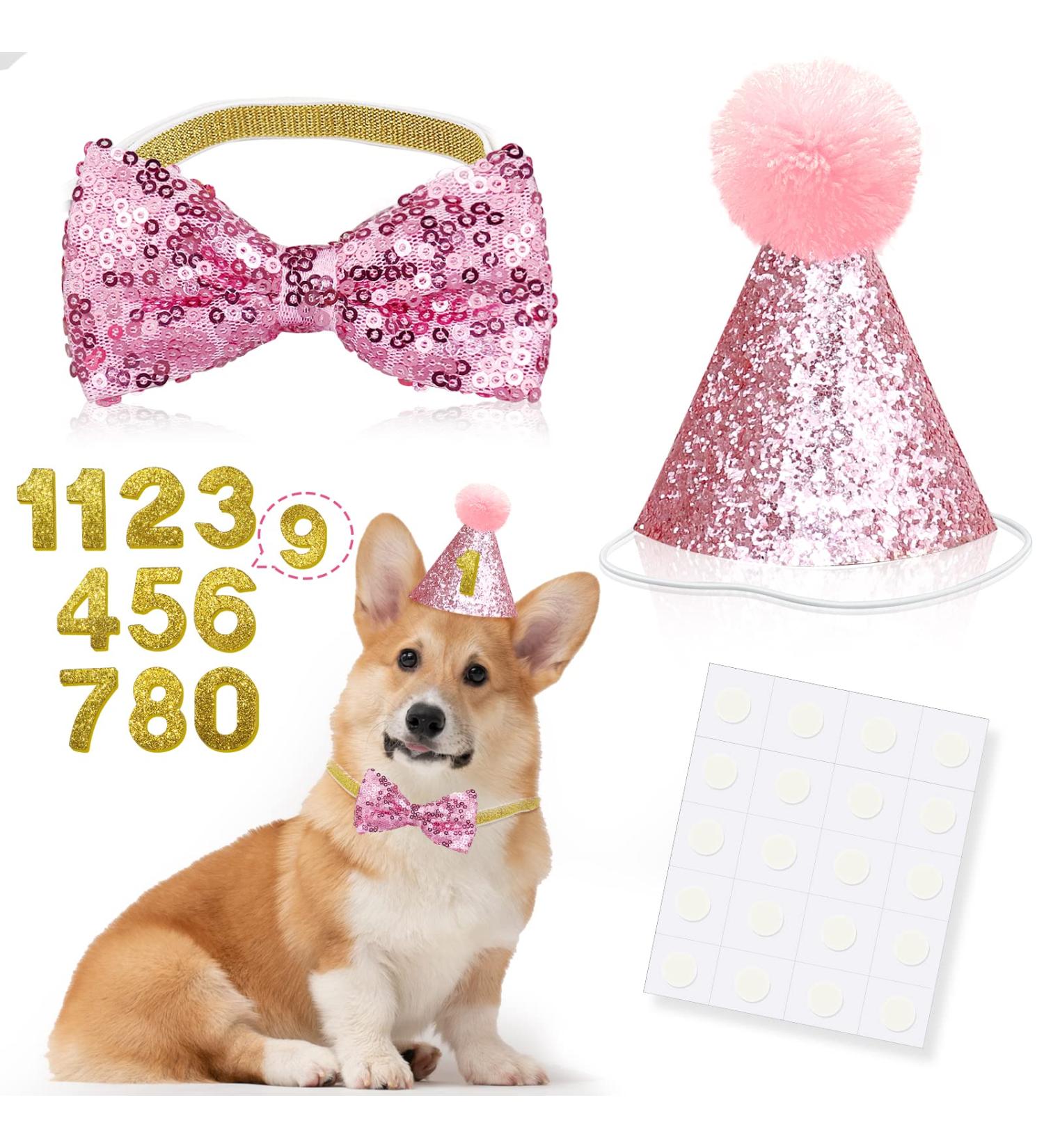 Dog Birthday Hat Dog Birthday Bandana Girl Hat Kit Bow Tie Collar With Gold Number for Pet Birthday Decorations Pet Puppy Cat Costumes Headwear Accessories Pink - Buy Online on GoSupps.com