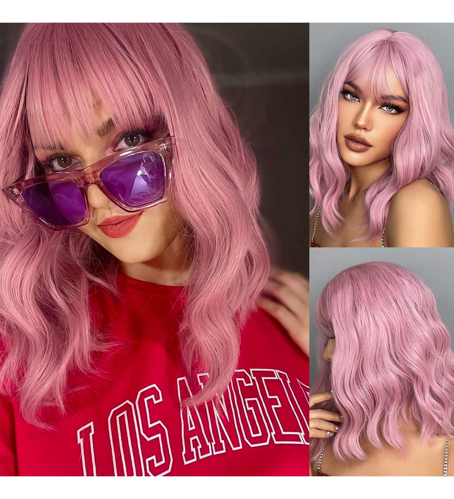Kellynee Pink Bob Wig with Bangs - Shoulder Length Short Curly Synthetic Hair for Women - Heat Resistant and Natural Looking Wig for Daily, Halloween, Party, Cosplay - Buy Online on GoSupps.com