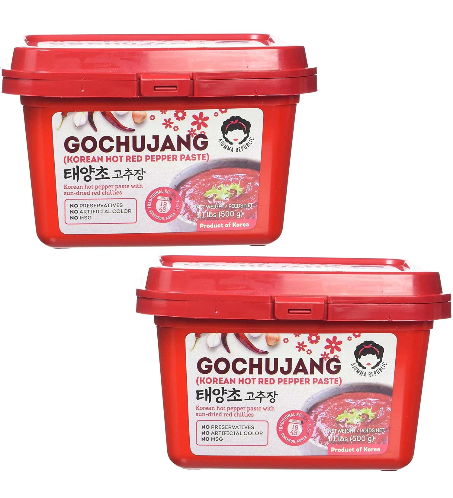 Gochujang Ajumma Republic Korean Hot Pepper Paste with Sun-Dried Red Chillies 2 Pack 500g Bundle Set Tteokbokki Kimchi Ramen Rice Cake Sauce Ingredient Brown Rice Red Pepper Paste - VMART - Buy Online on GoSupps.com