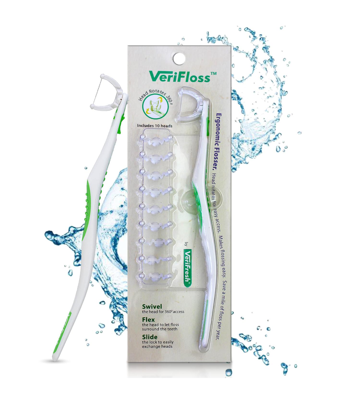 VeriFloss Dental Flosser with 10 Refill Heads - Ergonomic Flossing Tool for Adults & Kids | 360 Swivel Head & Reusable Picks - VeriFresh Cleaning Kit - Buy Online on GoSupps.com
