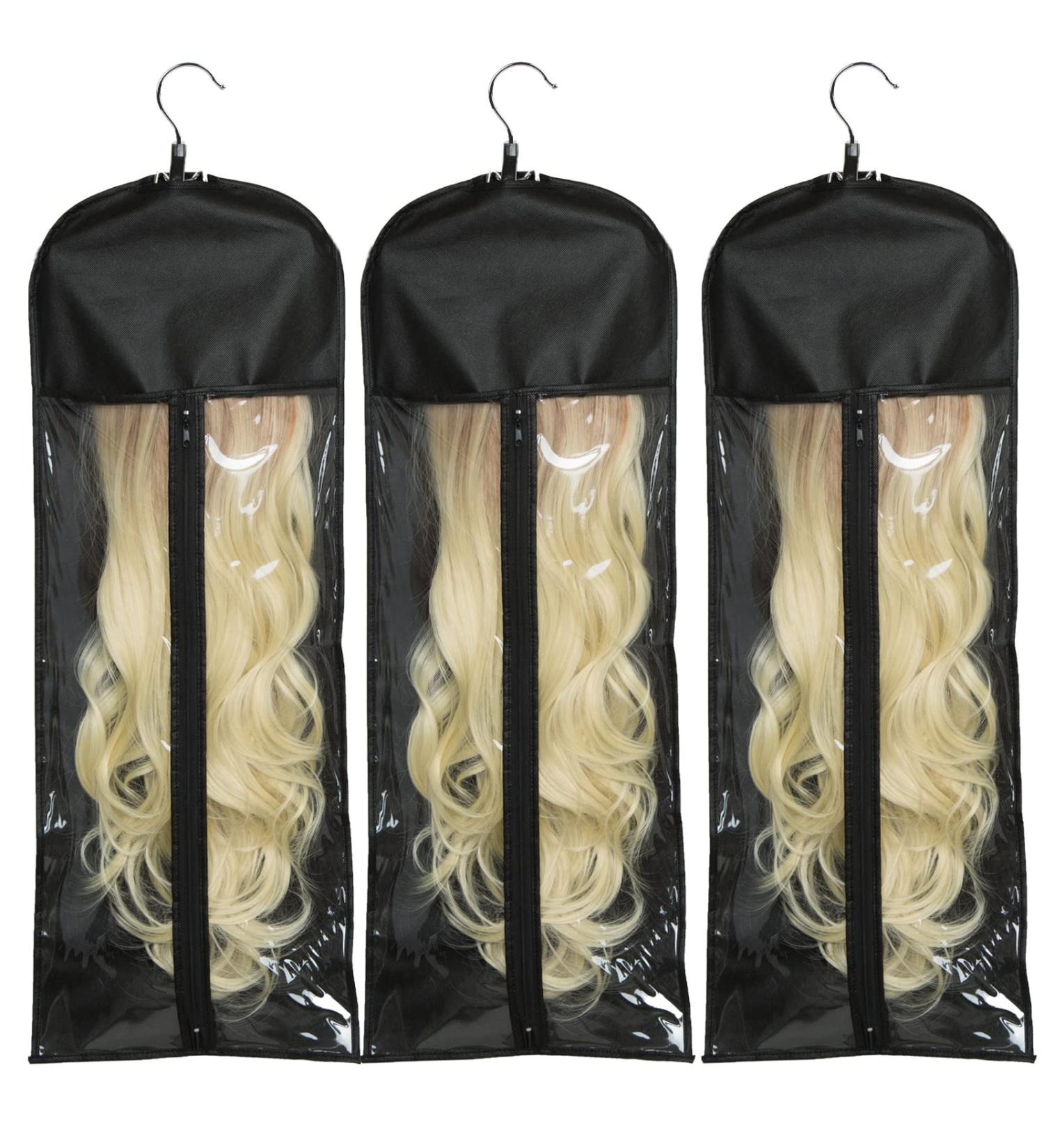 3 Pack Extra Long Wig Storage Bags with Hanger - Hair Extension Holder Case for Human & Synthetic Hair - Black Color 31.5 in - Buy Online on GoSupps.com