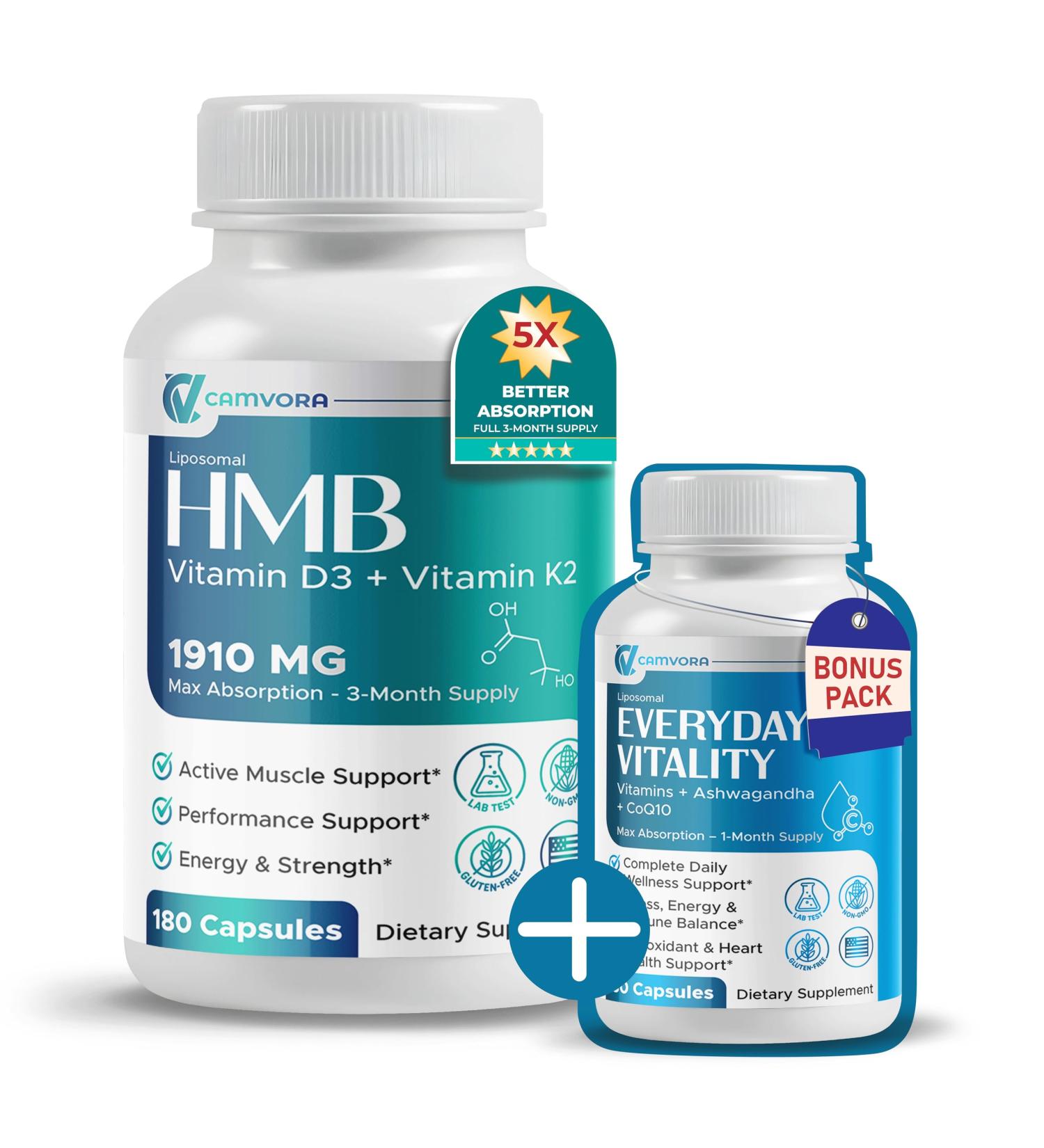 Liposomal HMB + Vitamin D3 & K2 1910mg Max Absorption Muscle Energy & Performance Support 3-Month Supply 180 Capsules Non-GMO Gluten-Free 180 Count (Pack of 1) - Buy Online on GoSupps.com