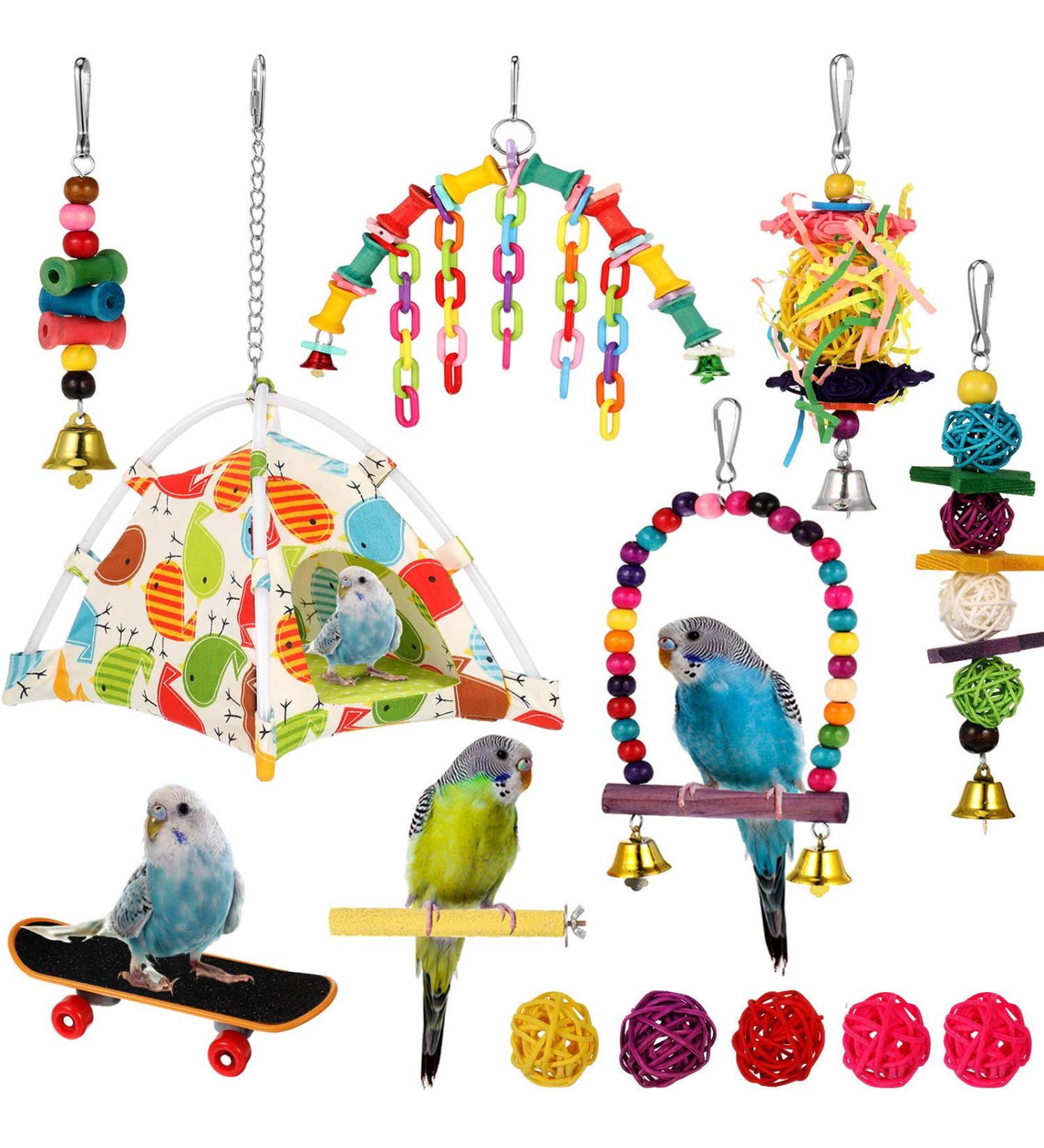tonyg-p 13 Pack Bird BudgieToys Parrot Swing Chewing Toys Bird Nest Hut Hammock Perch Stand Hanging Bell Bird Cage Toys for Small Parakeets Cockatiels Budgies Conures Love Birds Finches - Buy Online on GoSupps.com