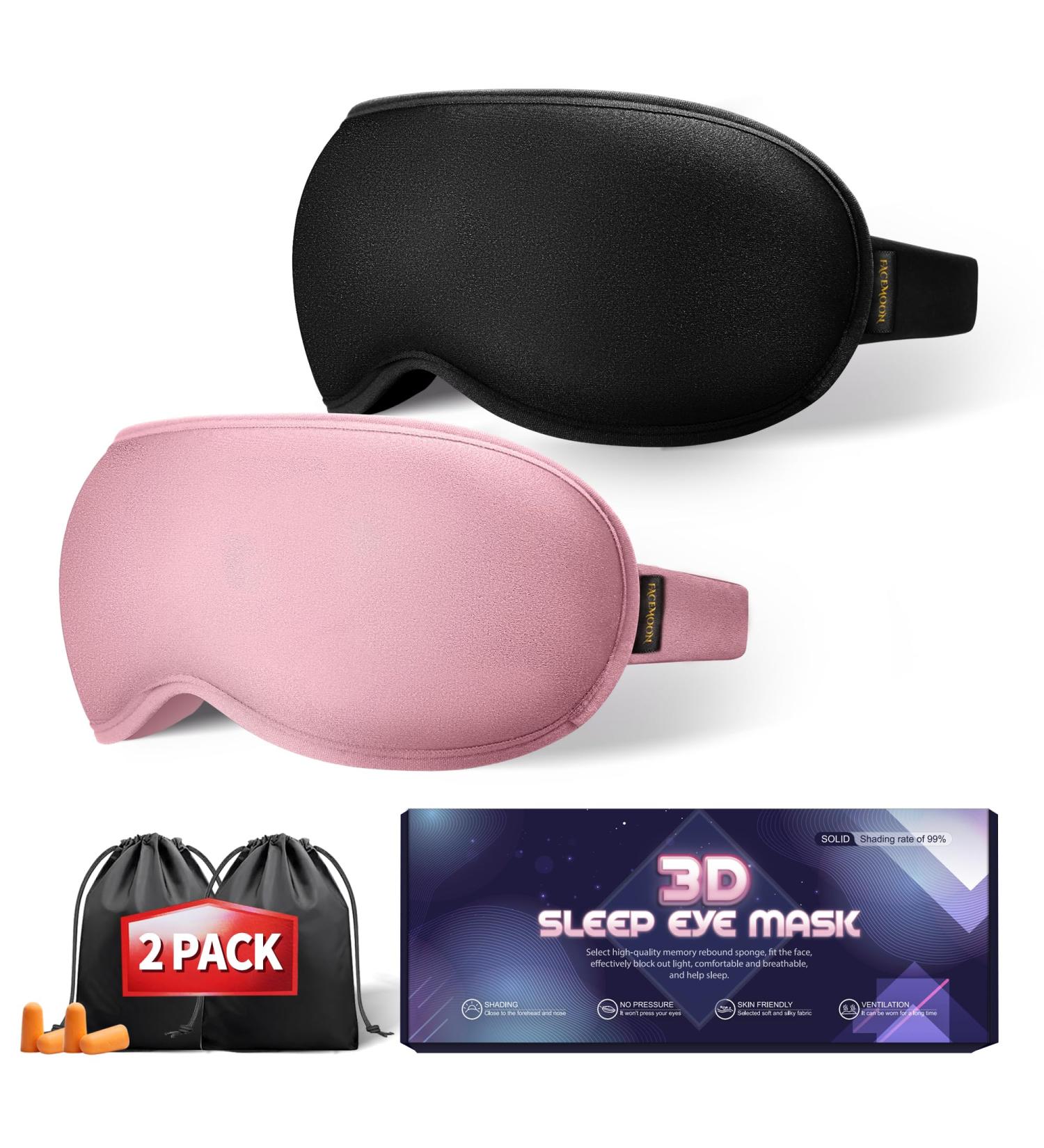 Weighted Sleep Mask 2 Pack | 3D Contoured Eye Masks for Travel & Meditation | Best Blackout Sleep Masks for Men & Women | Adjustable Memory Foam - Black & Pink - Buy Online on GoSupps.com
