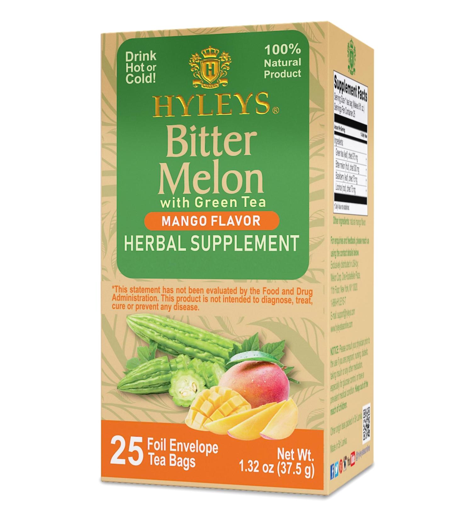 Hyleys Bitter Melon with Green Tea - Mango Flavor - 25 Tea Bags - Supports Healthy Liver Function - Herbal Supplement - (6 Pack - 150 Tea Bags Total) Bitter Melon with Green Tea Mango Flavor 150 Count - Buy Online on GoSupps.com