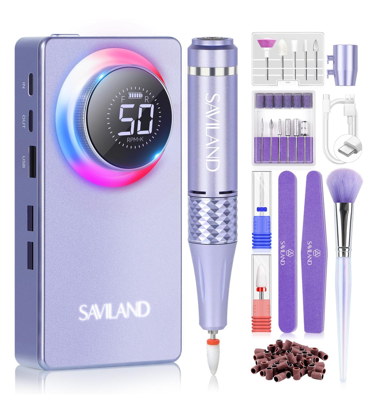 Saviland 50000 RPM Electric Nail Drill Kit - 6000mAH Electric Nail File with Unique Ambiance Light for Acrylic Nails with 13 Nail Drill Bits Nail File Nail Buffer for Nails Manicure and Pedicure Kit 50000rpm Purple - Buy Online on GoSupps.com