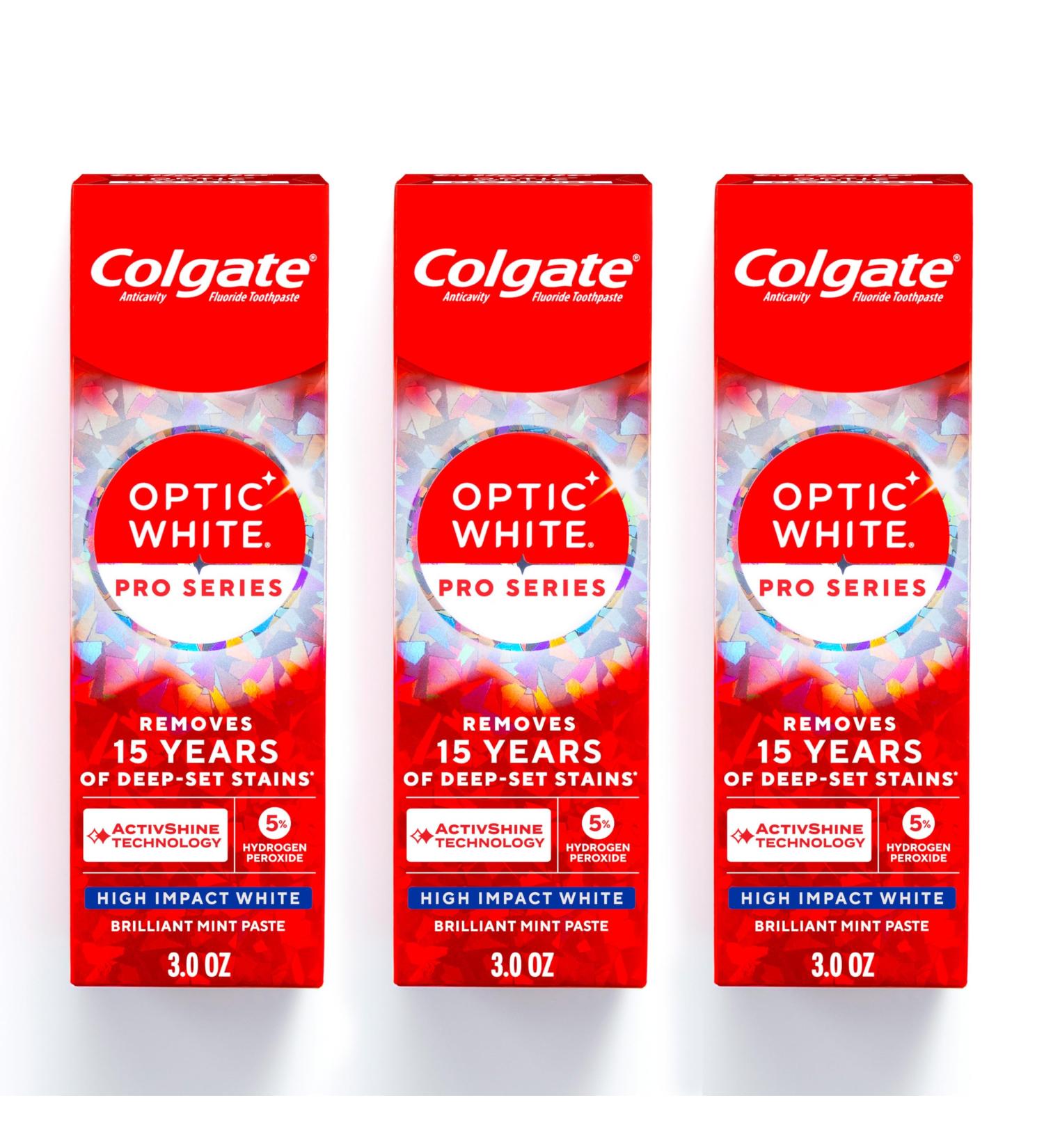 Colgate Optic White Pro Series High Impact White 3 Pack Teeth Whitening Toothpaste with 5% Hydrogen Peroxide and ActivShine Brilliant Mint Flavor 3.0 OZ - Buy Online on GoSupps.com