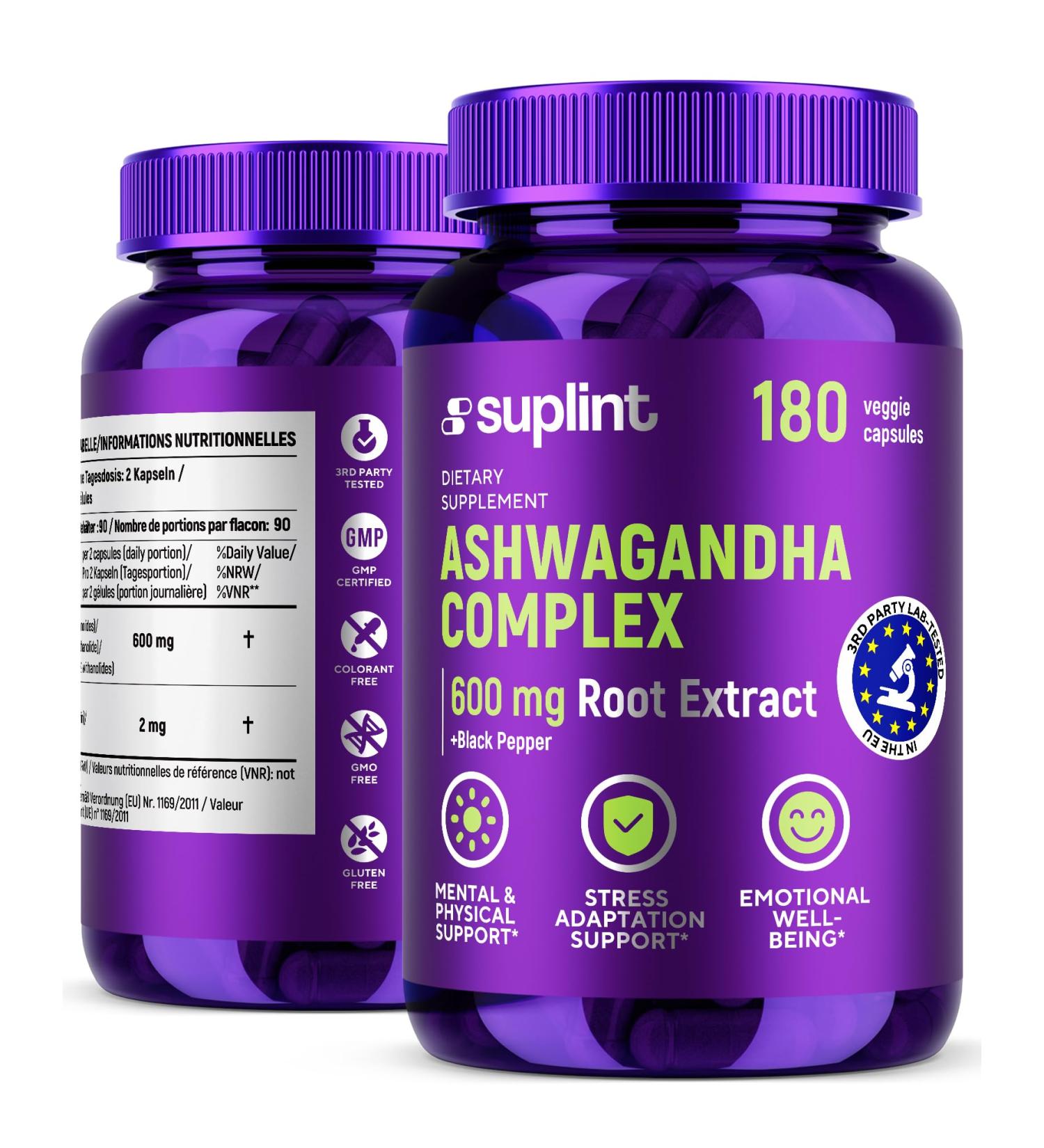 SUPLINT Ashwagandha Capsules 600 mg root extract with 5 withanolides high dose 180 vegan capsules laboratory tested GMP certified 3 month supply 1 pack