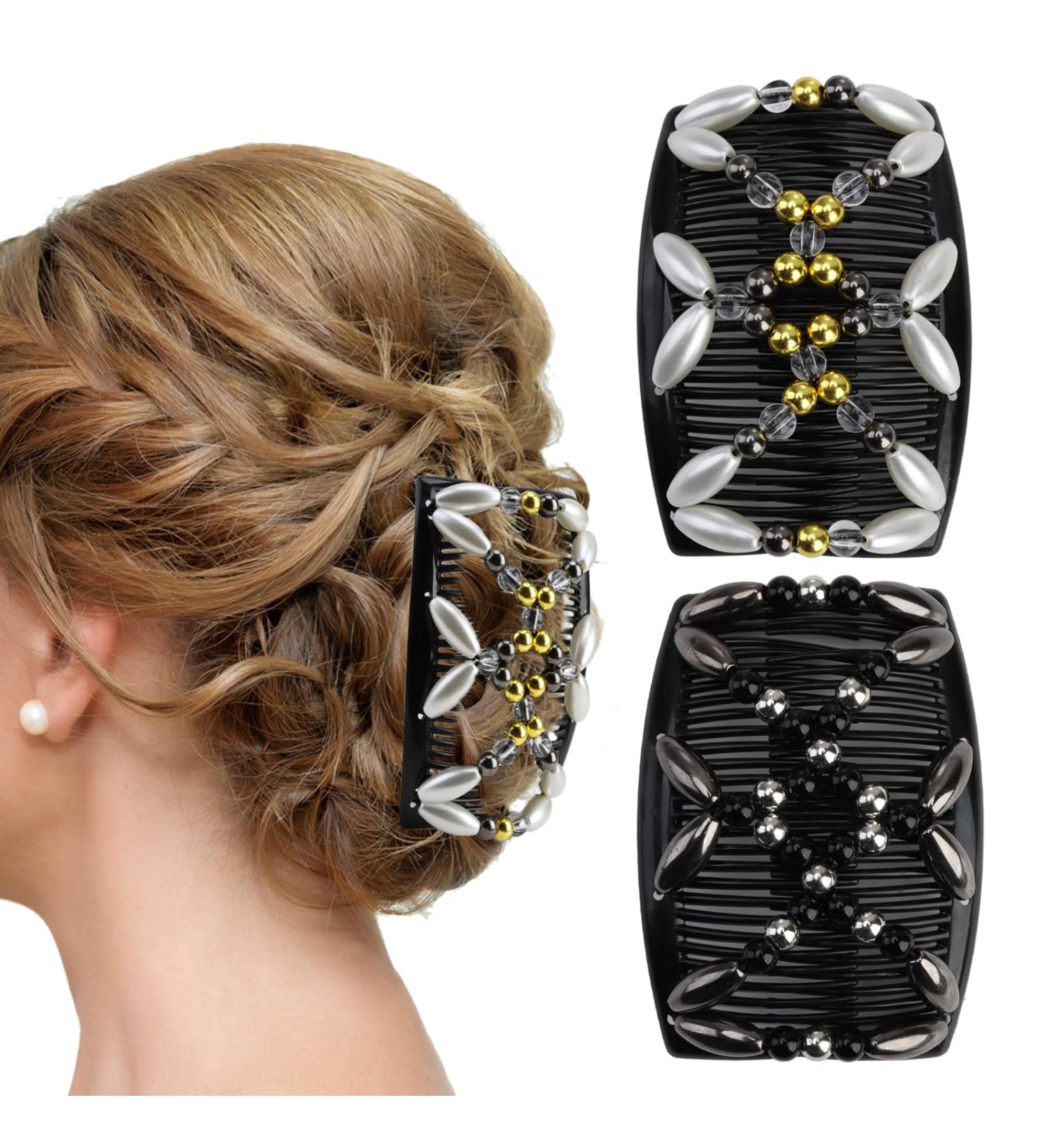 Stretchy Slides Magic Hair Combs 2Ps Hair Combs Slides for Women Magic Elastic Beaded Hair Comb Slides Double Sided Clips Hair Comb for Women DIY Square Insert Comb Hair Styling Tool(Black White - Buy Online on GoSupps.com