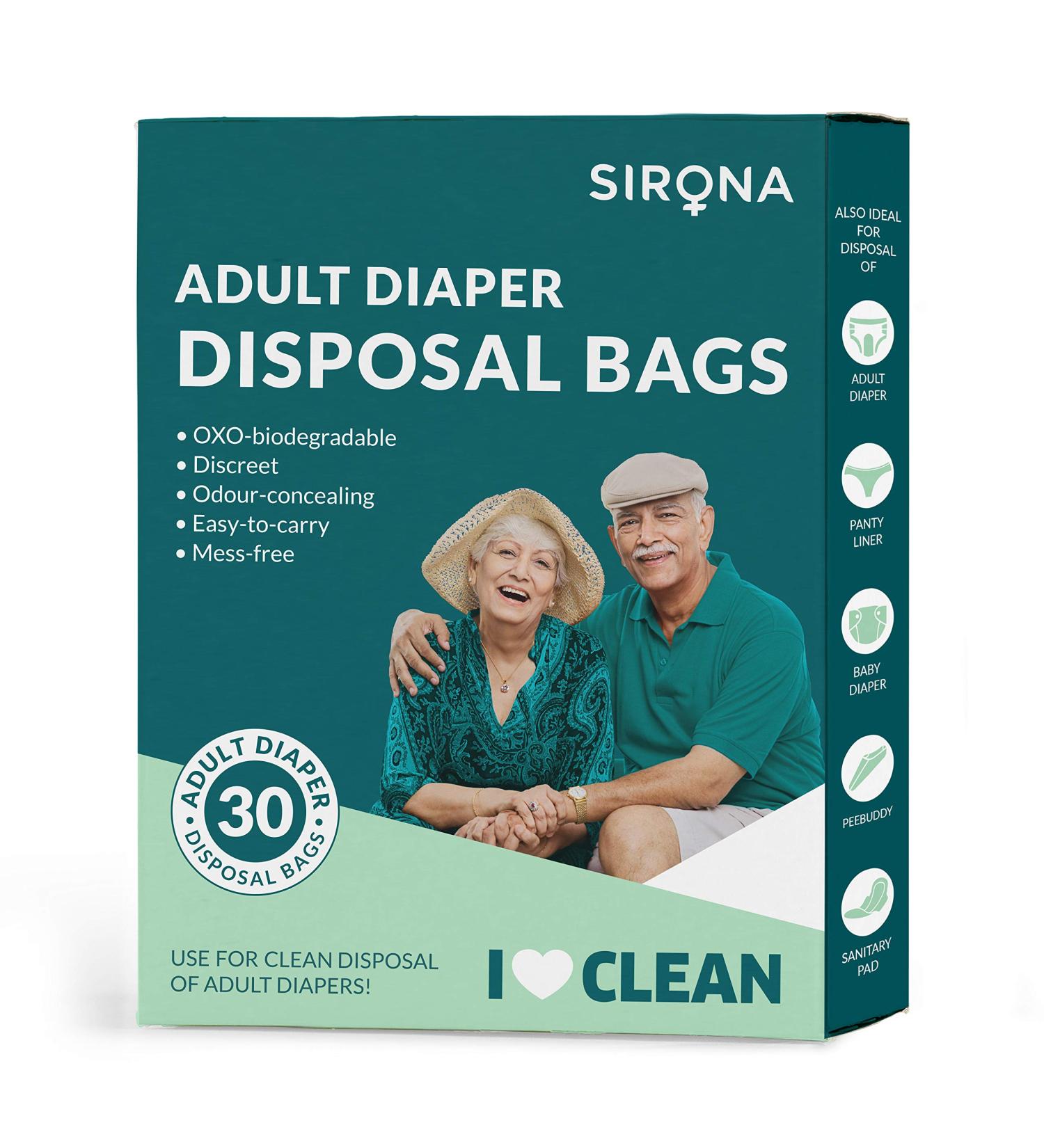 Sirona Premium Adult Diaper Disposable Bags - 30 Bags | Odor Sealing for Diapers, Food Waste, Pet Waste, Sanitary Product Disposal | Durable and Unscented | 30 Count - Buy Online on GoSupps.com