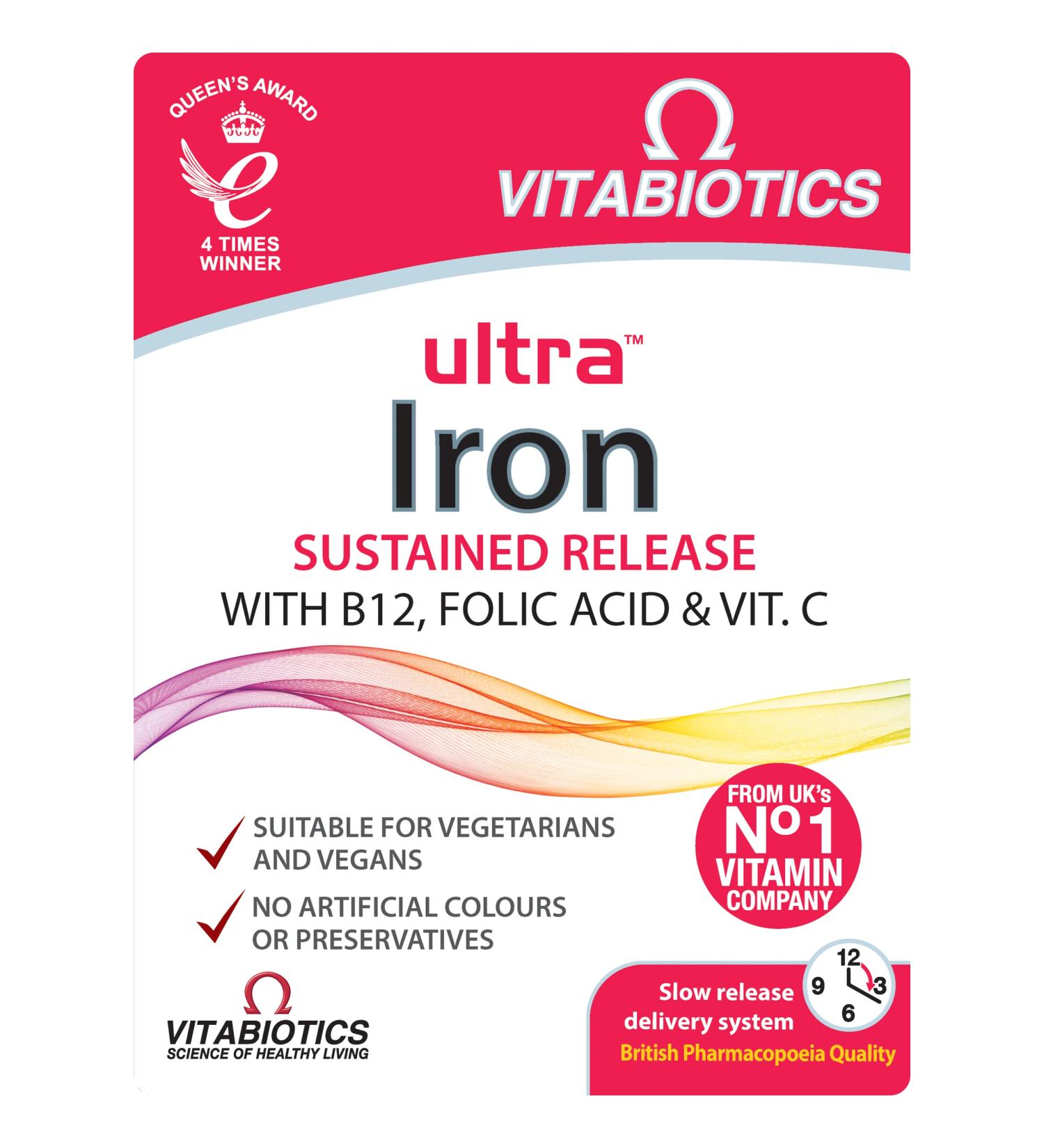 Vitabiotics Ultra Iron Tablets Supplement Boosts Energy Vitality Power and Immunity and Supports against Anemia Tiredness and Fatigue with added Vitamin C Vitamin B12 and Folic Acid ( Vitamin B9 ) - Buy Online on GoSupps.com