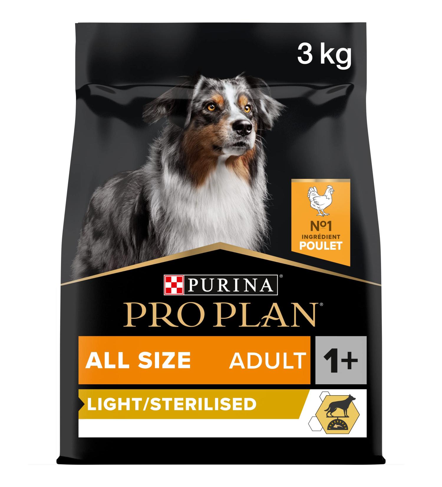 PURINA PRO PLAN | Adult 1+ Light/Sterilised | Rich in Chicken | Dry Food | Dog | 3kg Bag - Buy Online on GoSupps.com