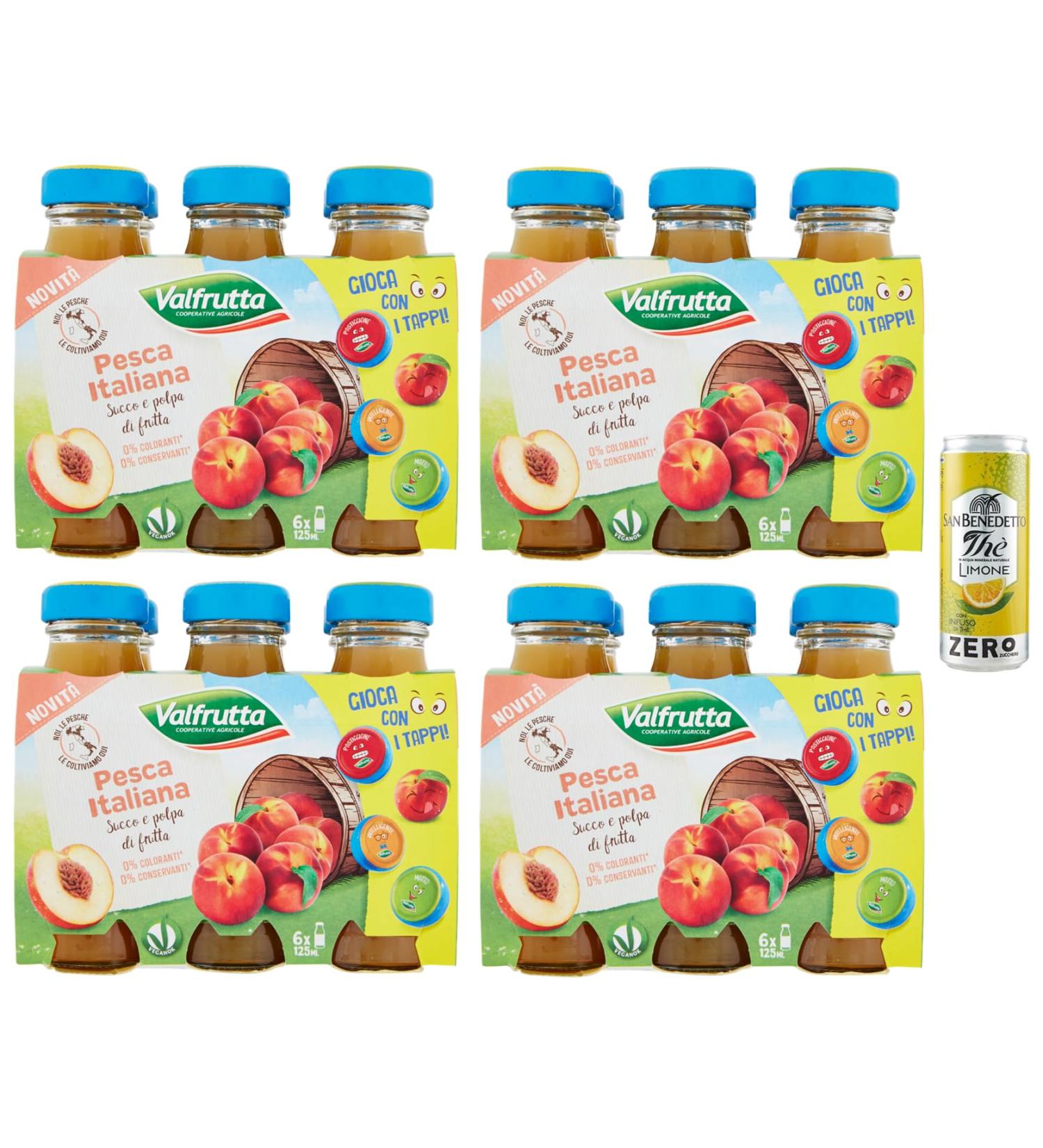 Valfrutta Succhi di Frutta Pasca Lot de 24 jus de fruits aux p ches italiennes boisson sans alcool 125 ml + 1 bo te de th glac San Benedetto au citron sans sucre 330 ml - Buy Online on GoSupps.com