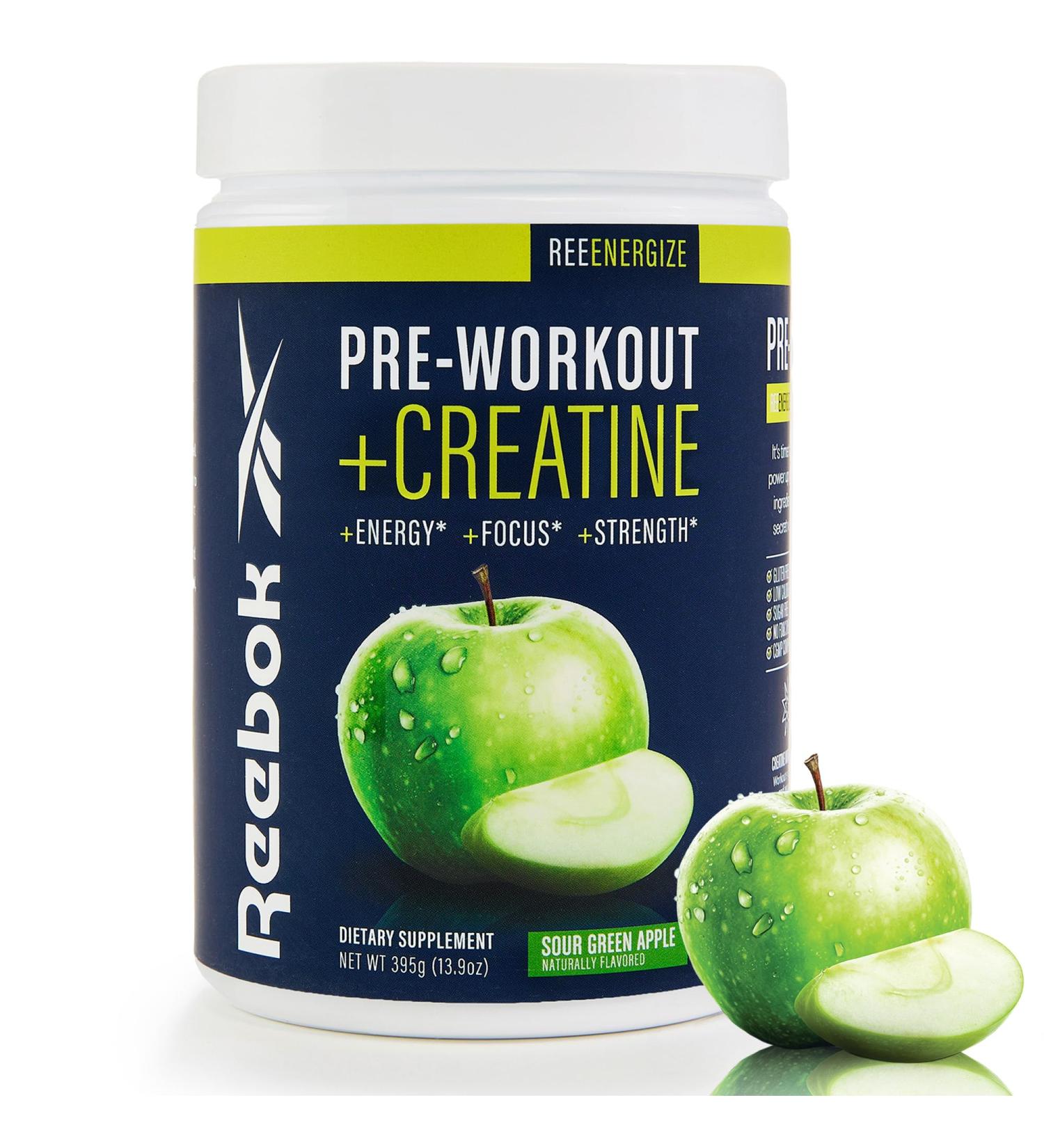 Reebok Pre-Workout Powder | 200mg Natural Caffeine 3g Creatine Monohydrate | Clean Energy Pre Workout for Strength Focus & Pump | Informed-Sport Certified | ReeEnergize | Sour Green Apple - Buy Online on GoSupps.com