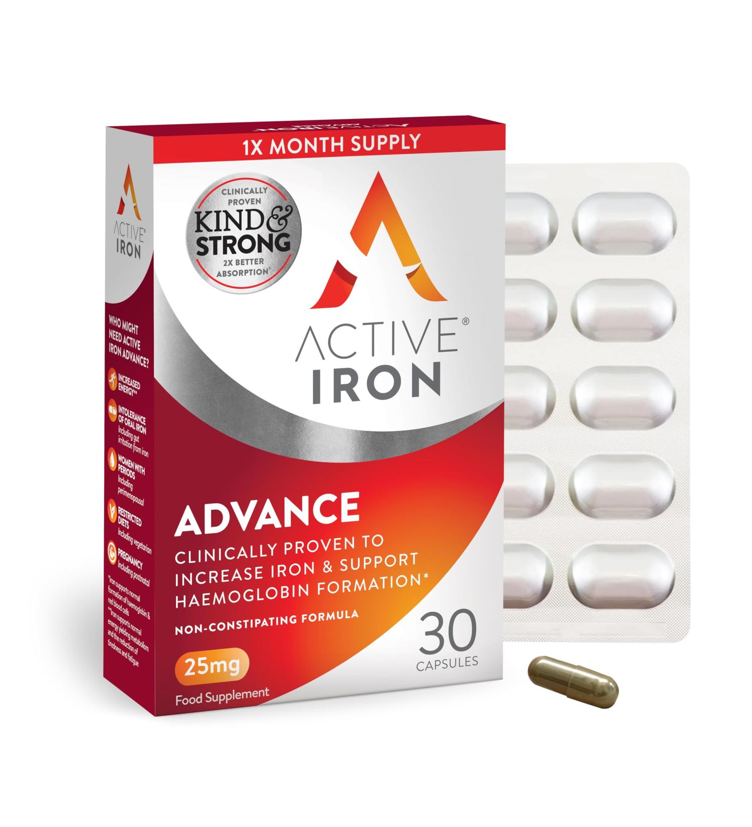 Active Iron Advance 25mg Iron Supplement | Non- Constipating | Clinically Proven to Increase Iron Levels | Fights Tiredness & Fatigue | 30 Daily Capsules - Buy Online on GoSupps.com