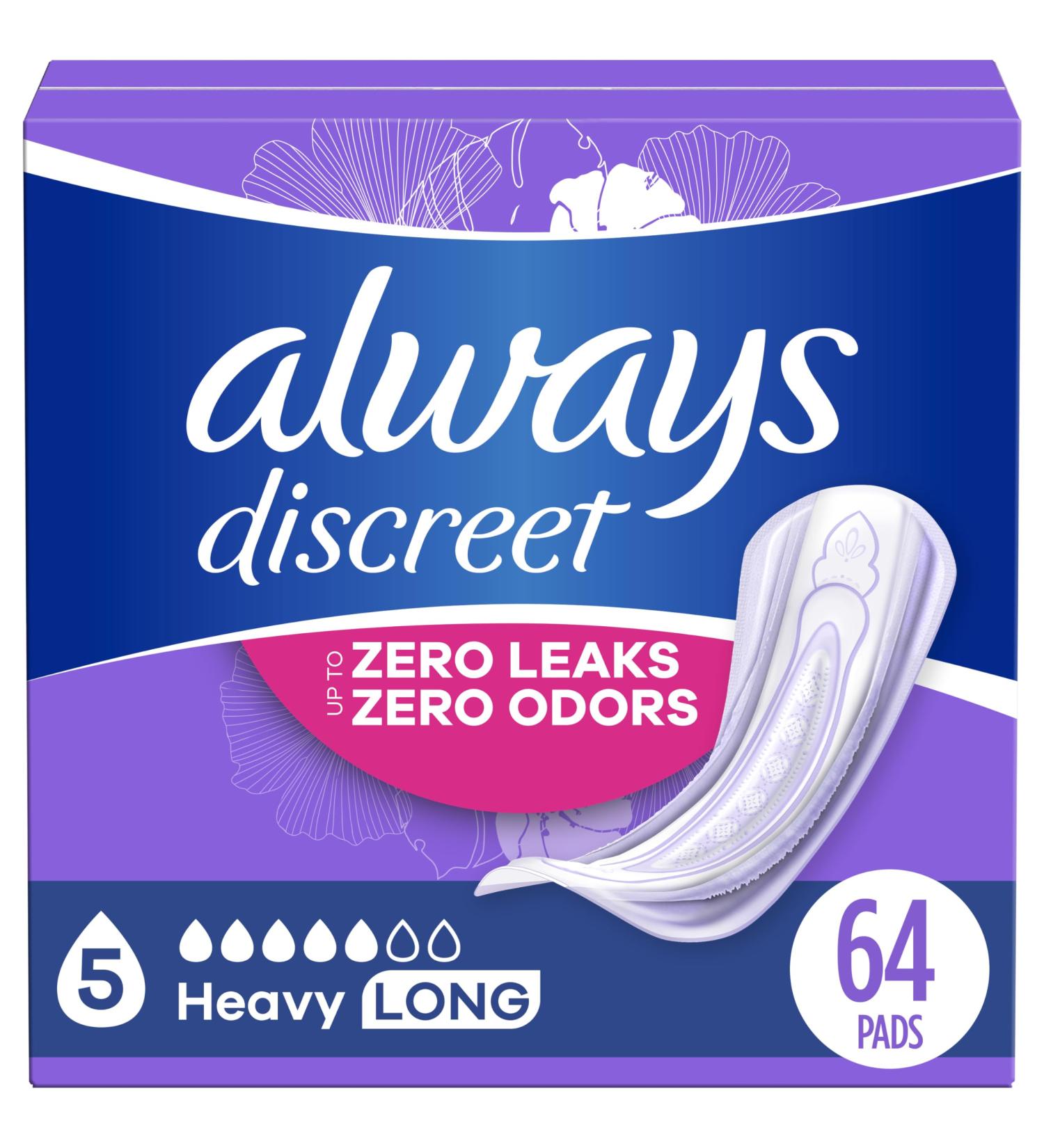Always Discreet Adult Incontinence Pads for Women - Heavy Absorbency Long Length 64 CT - Postpartum Comfort & Protection - Buy Online on GoSupps.com