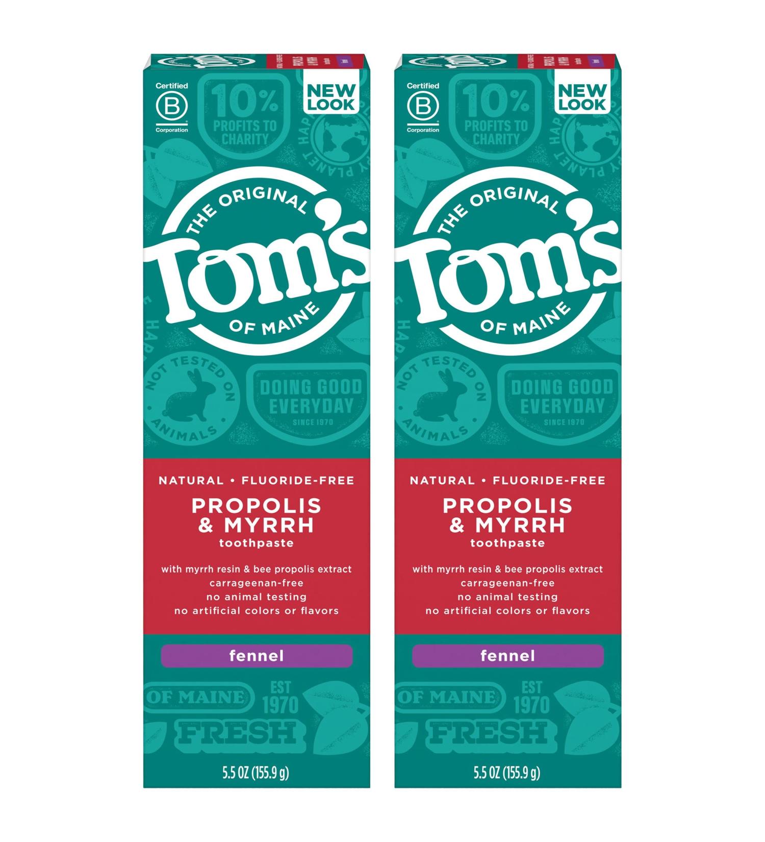 Tom's of Maine Fluoride-Free Propolis & Myrrh Natural Toothpaste Fennel 5.5 oz (Pack of 2) - Promotes Oral Health, Fresh Breath | Packaging May Vary - Buy Online on GoSupps.com