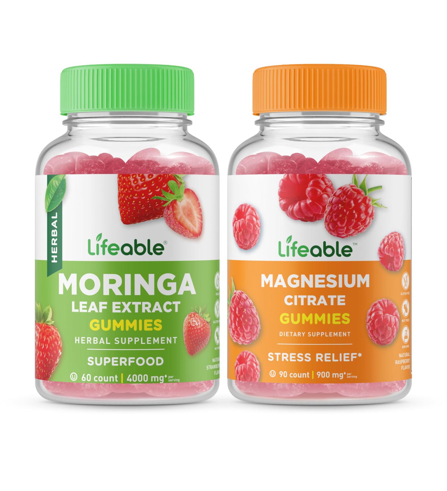 Lifeable Magnesium + Moringa Leaf Gummies Bundle - Great Tasting Vitamin Supplement Gluten Free GMO Free Chewable Gummy