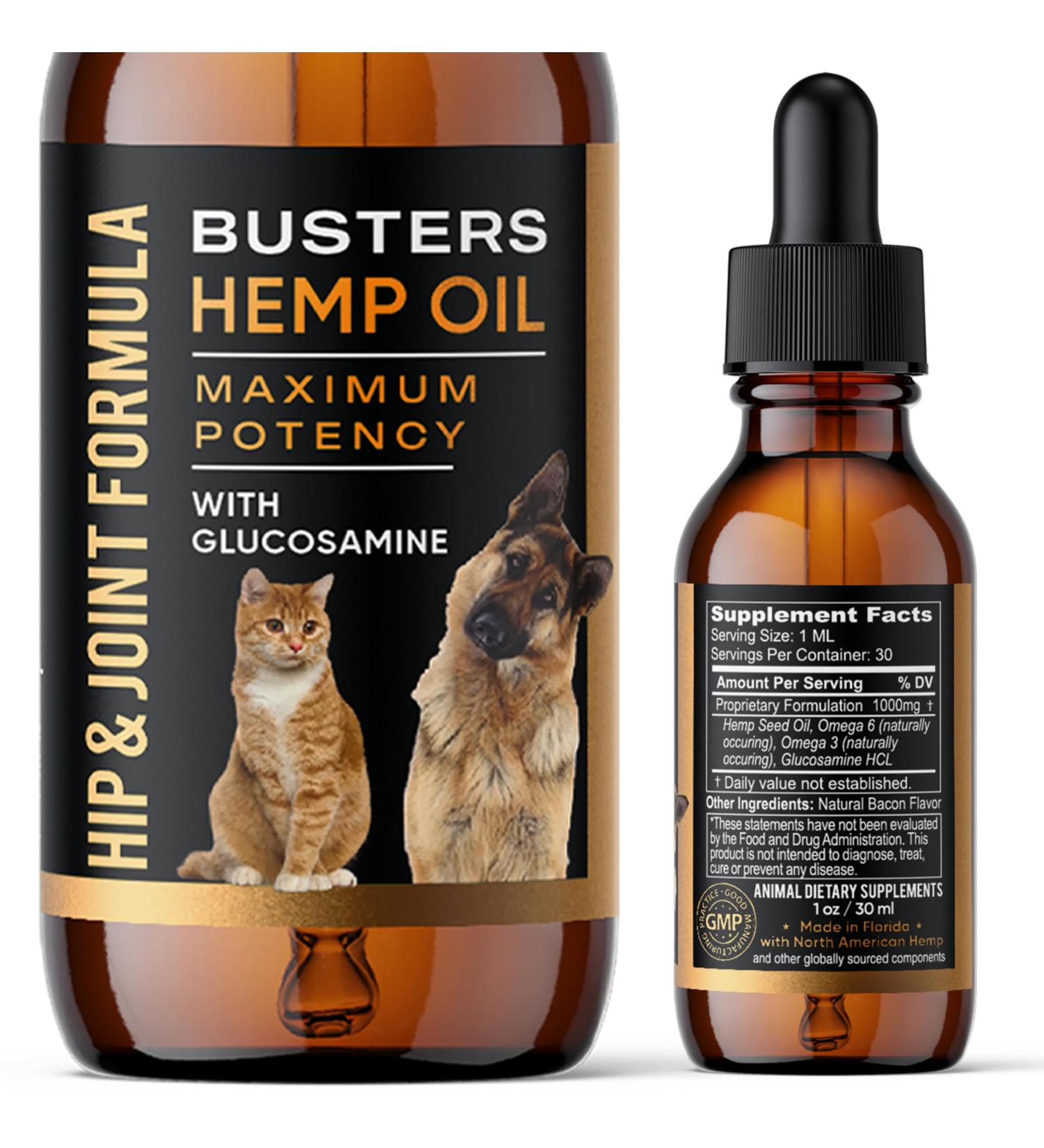 Buy Busters Hip and Joint Hemp Oil Formula for Dogs | Glucosamine Enriched Pain Relief & Mobility Support for Pets - Buy Online on GoSupps.com