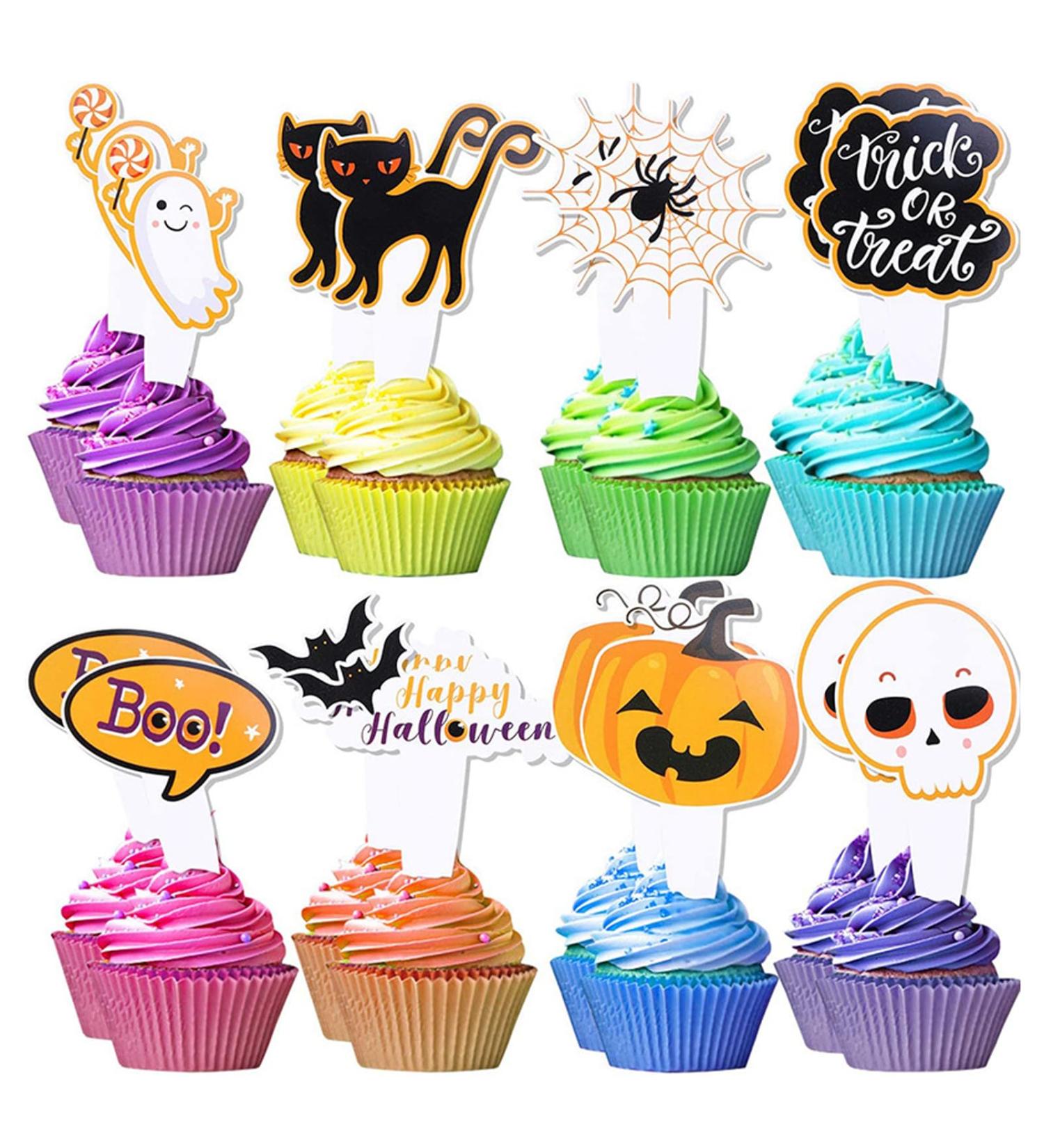 32Pcs Halloween Cupcake Decorations Trick or Treat Ghost Pumpkin Skull Cat Cupcake Toppers Cute Cartoon Design Cupcake Picks Halloween Party Decor Supplies (A) - Buy Online on GoSupps.com