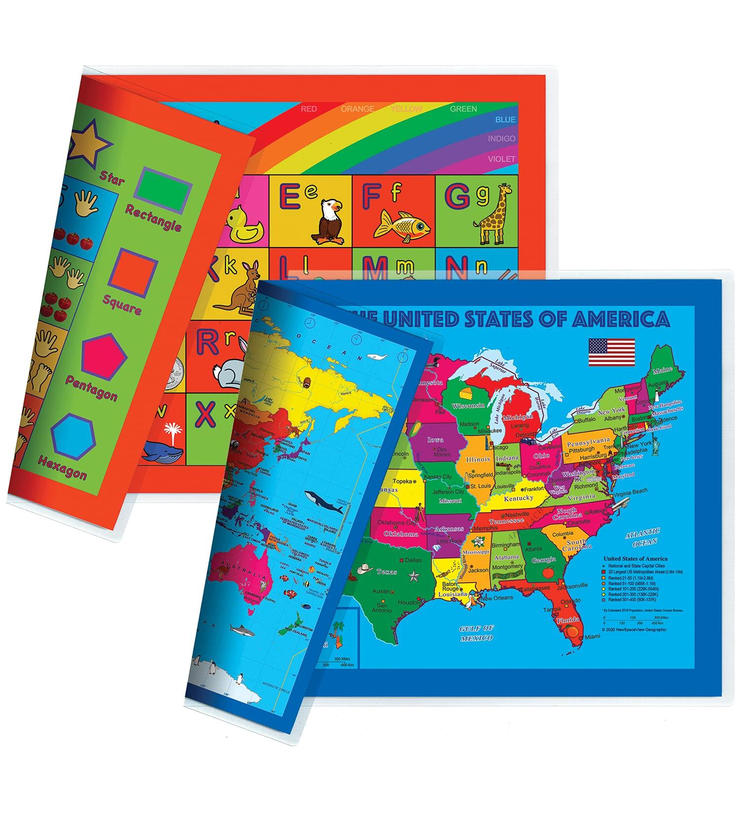 Children's Placemat: USA/Europe Centered World Map, Alphabet, Colors, Numbers, Shapes - Set of 2 - Buy Online on GoSupps.com
