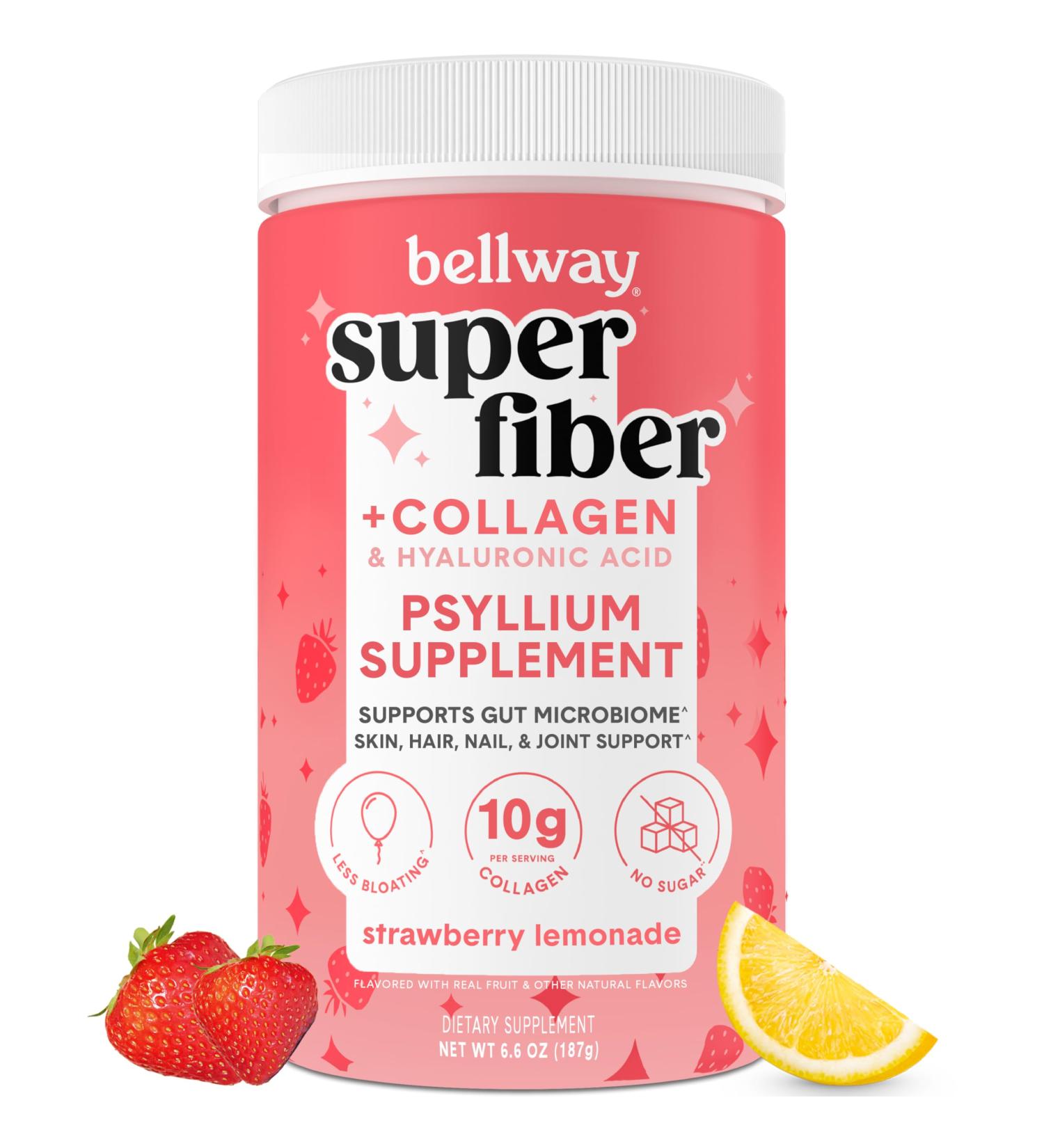 Bellway Super Fiber Powder + Collagen Sugar-Free Psyllium Husk Powder with Collagen Peptides and Hyaluronic Acid for Gut Health Healthy Skin Nails Bones & Joints Strawberry Lemonade (11 Servings) - Buy Online on GoSupps.com