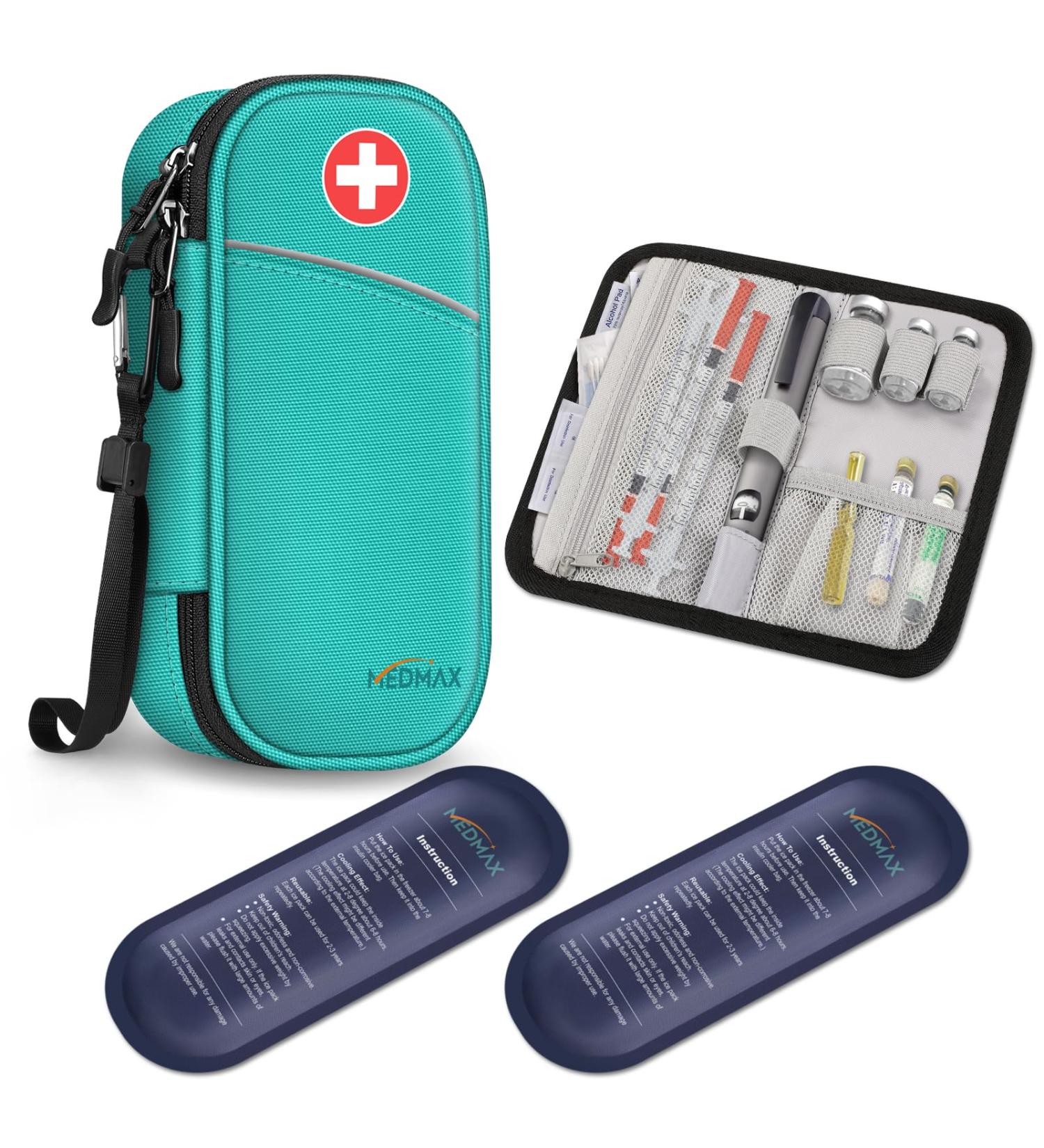Medmax Insulin Cooling Bag - Portable Diabetic Organizer with 2 Cooling Packs | Water-Repellent Insulated Cooler for Insulin Pens & Accessories (Blue-Green) - Buy Online on GoSupps.com