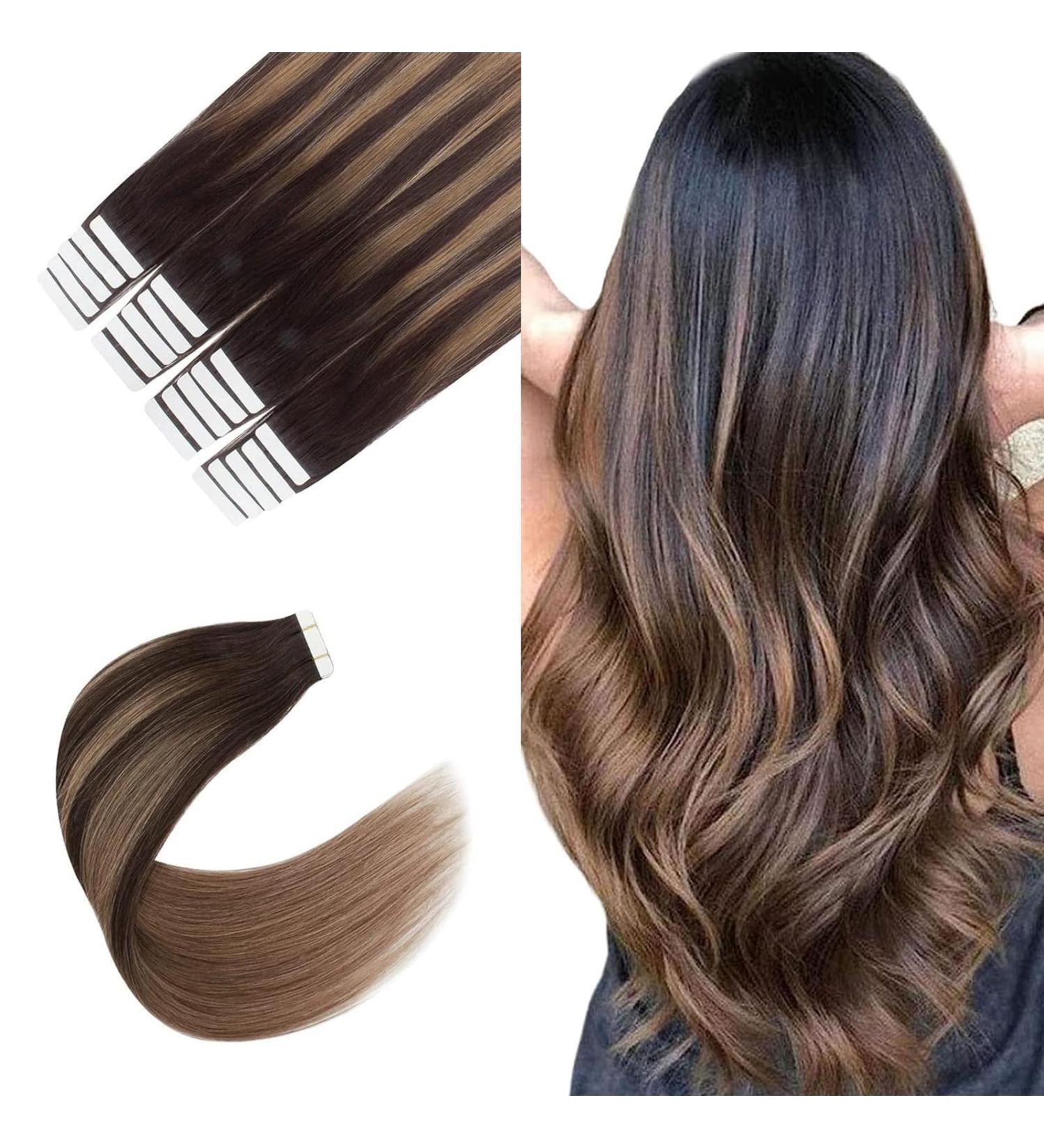 Buy SixStarHair Tape Extensions - Real Remy Hair Dark Brown to Chestnut Balayage 20 Pieces 50g - 35cm | Invisible Tape-In Extensions - Buy Online on GoSupps.com