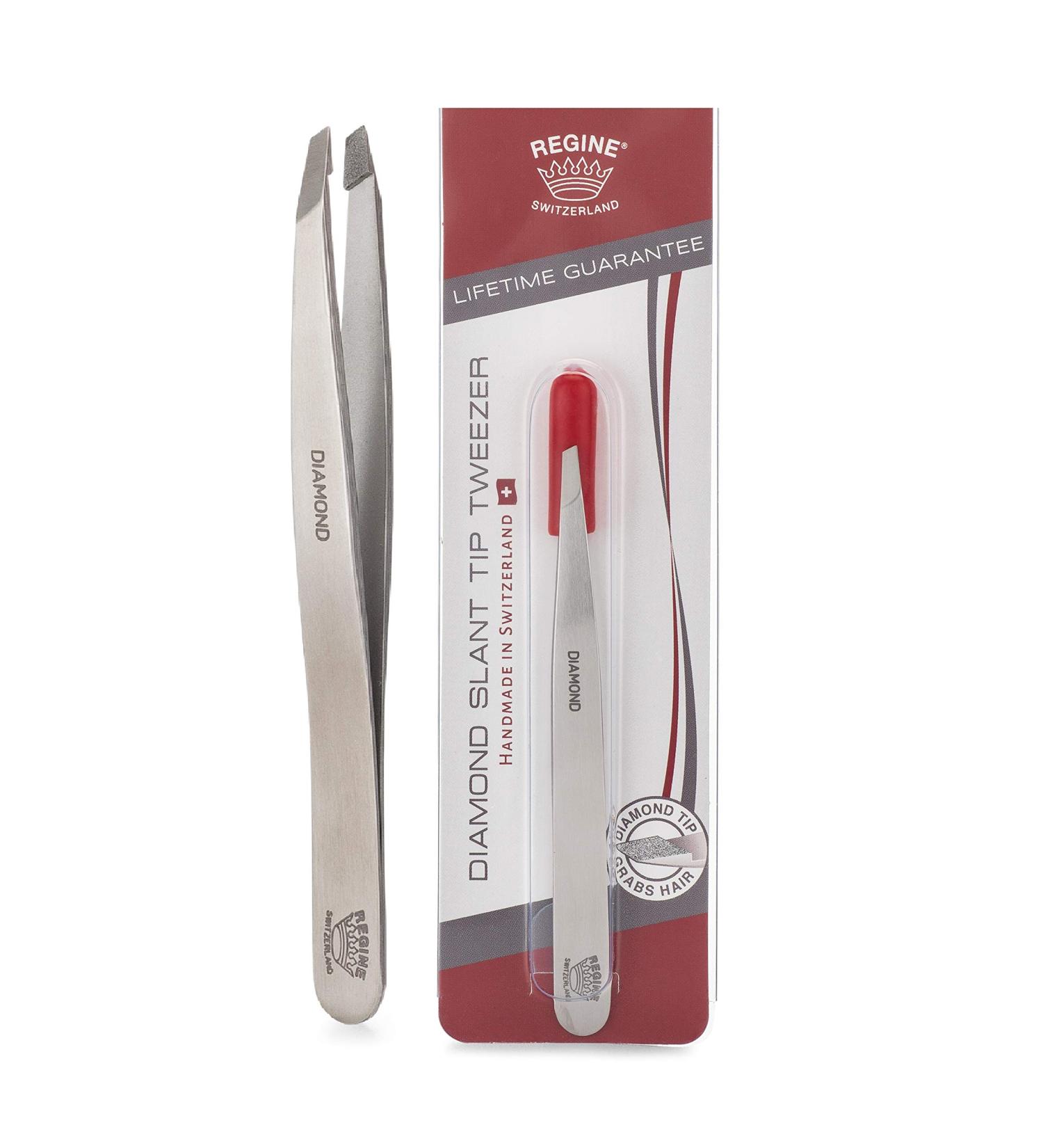 Regine Switzerland Diamond Tip Slant Tweezer - Stainless Steel Precision Tweezers for Eyebrow & Hair Removal - Buy Online on GoSupps.com